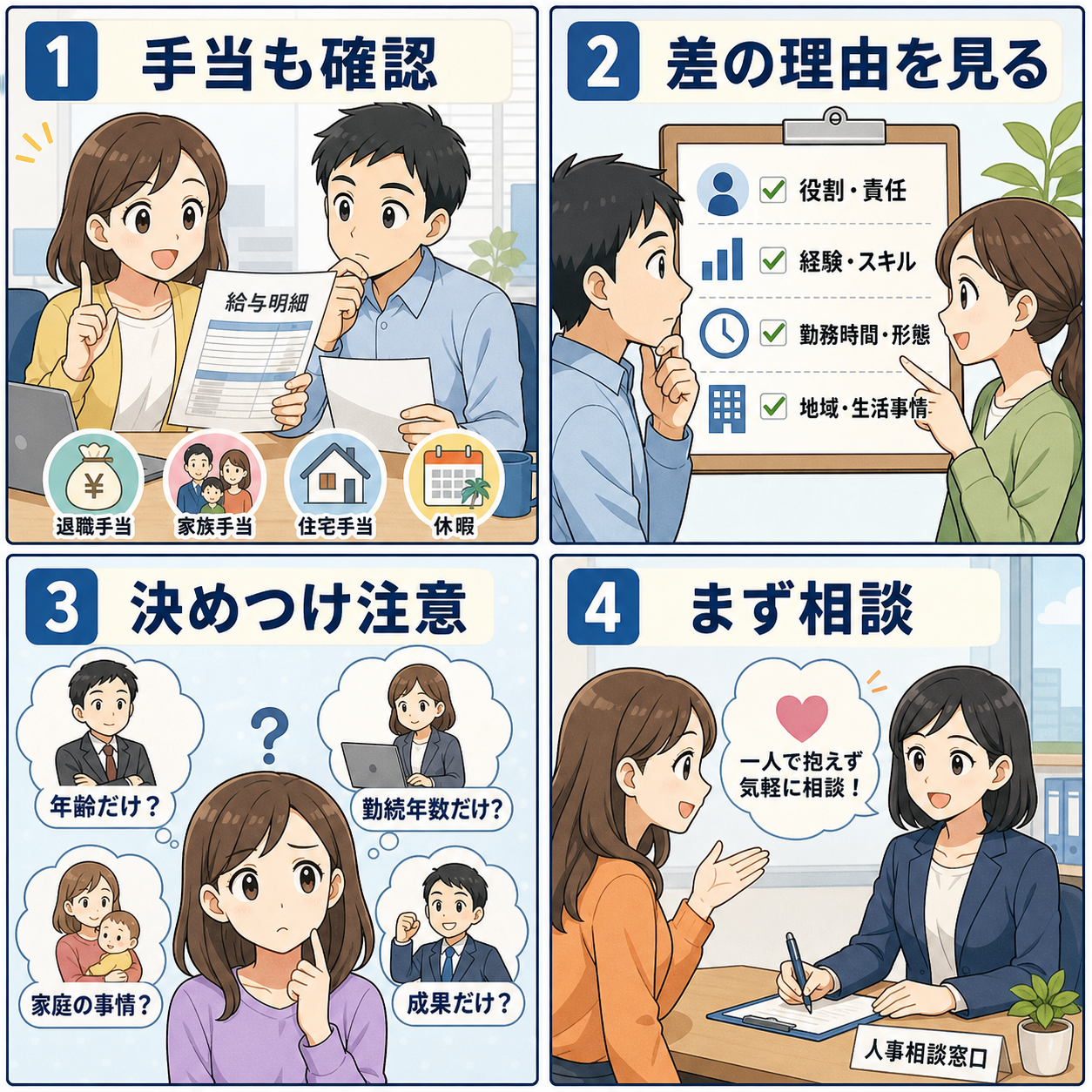 同一労働同一賃金改正で手当と説明を確認する4コマ漫画