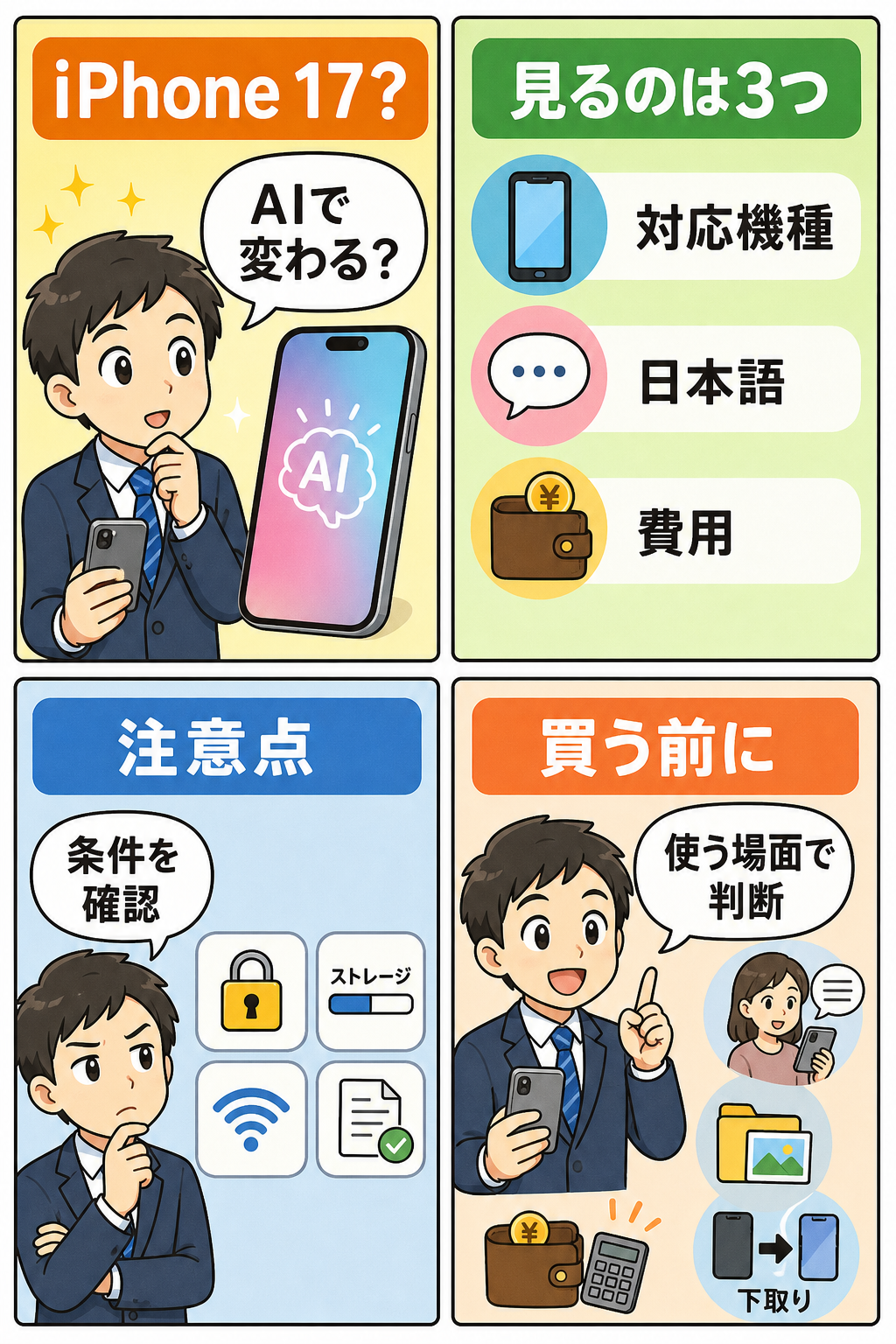 iPhone 17とAI機能の買い替え判断を説明する4コマ漫画