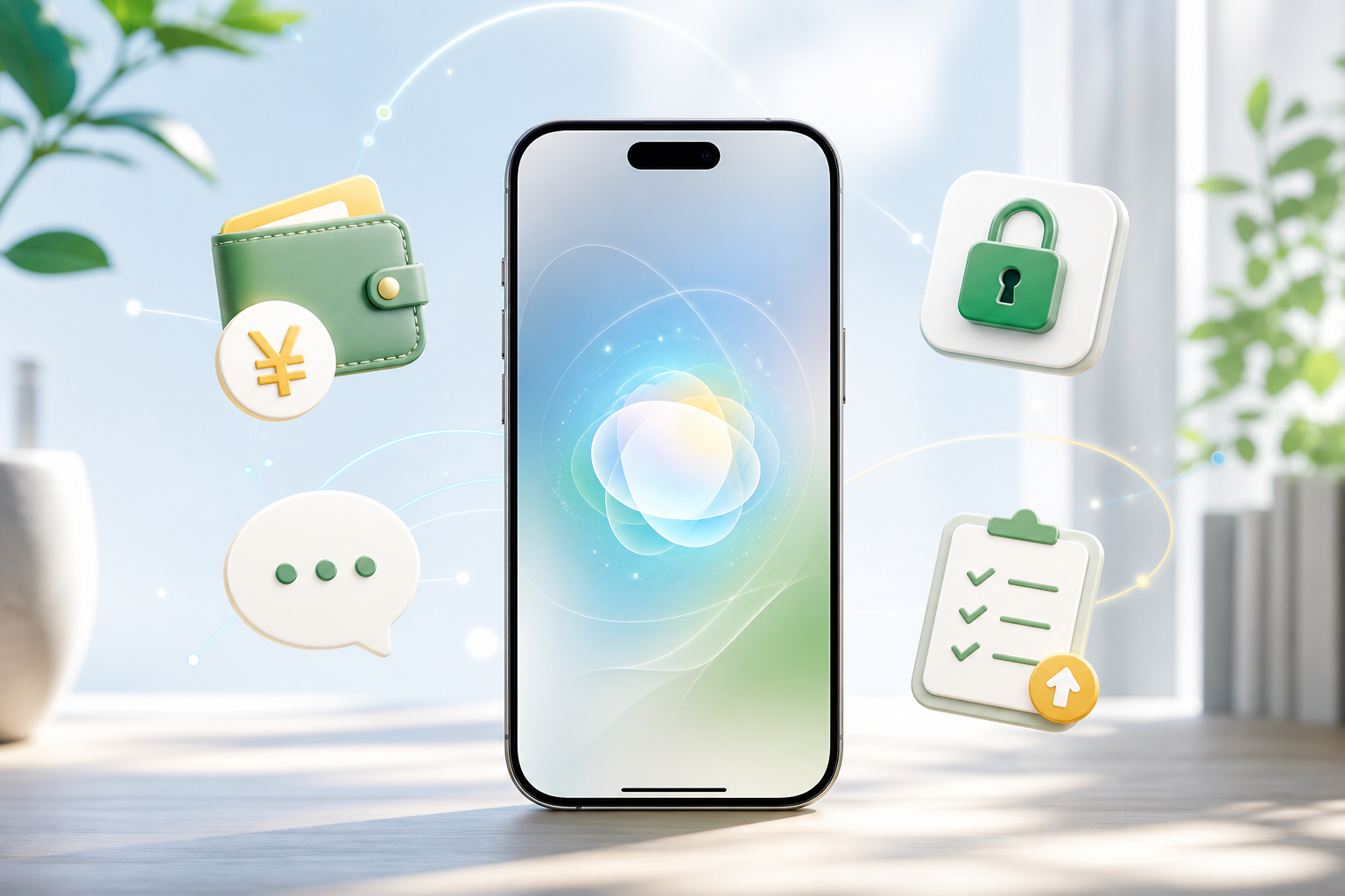AIの光が表示されたスマホと財布や鍵のアイコン