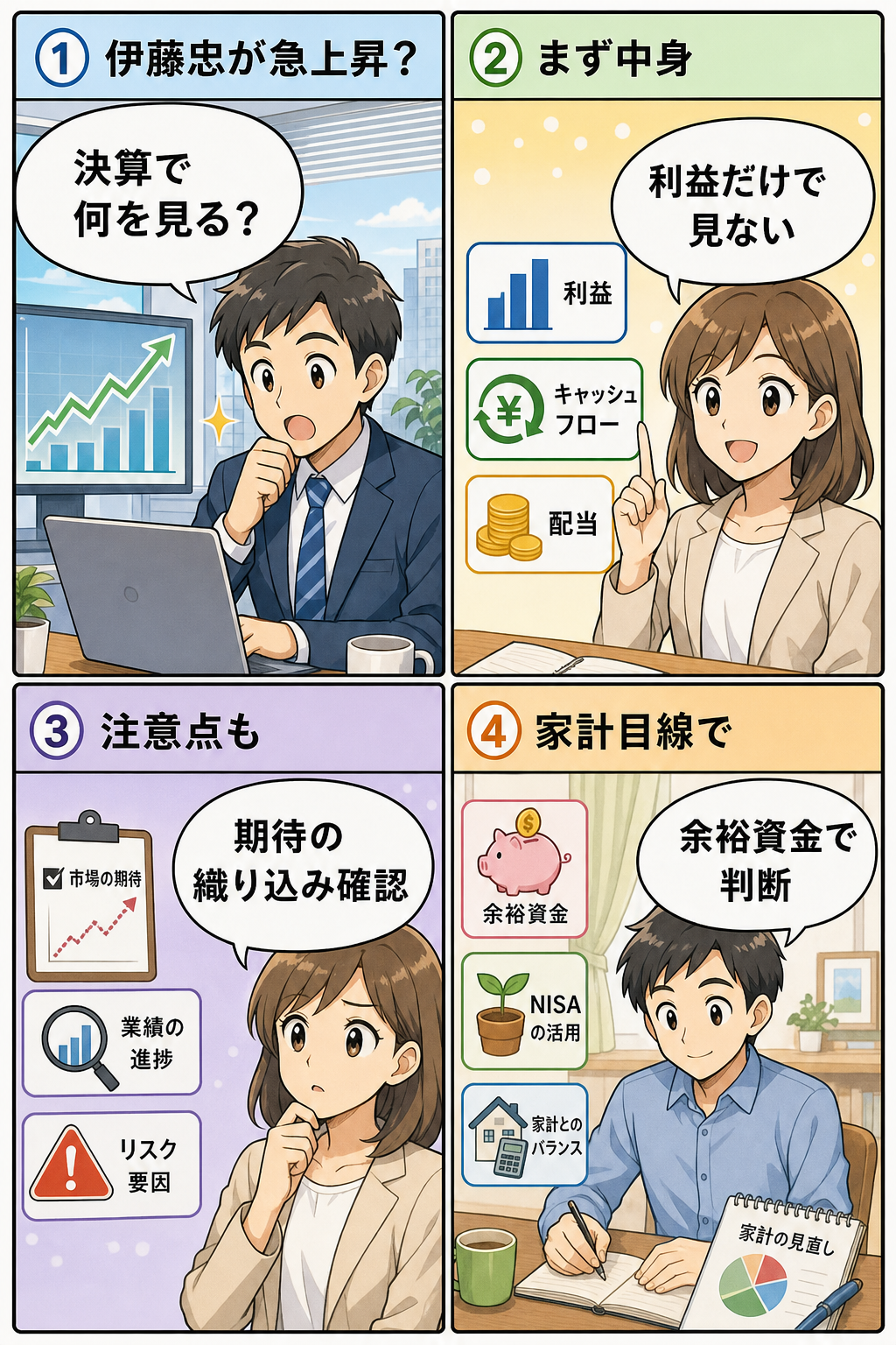 伊藤忠決算を4コマで整理した株主還元と家計確認の図