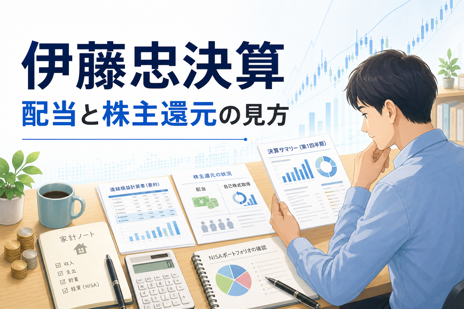 伊藤忠決算と株主還元を確認する投資家の机