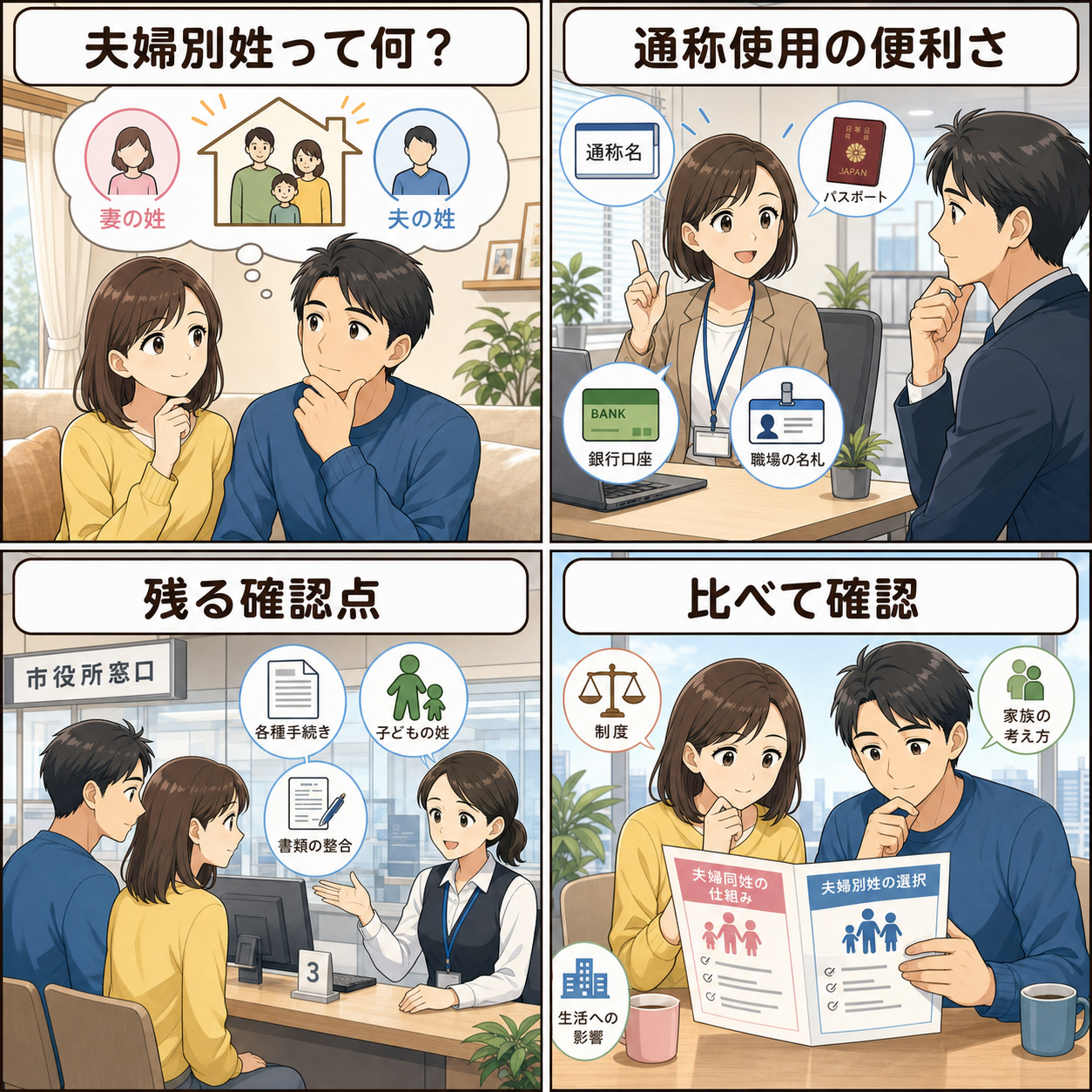 夫婦別姓と通称使用の違いを4コマで説明する漫画