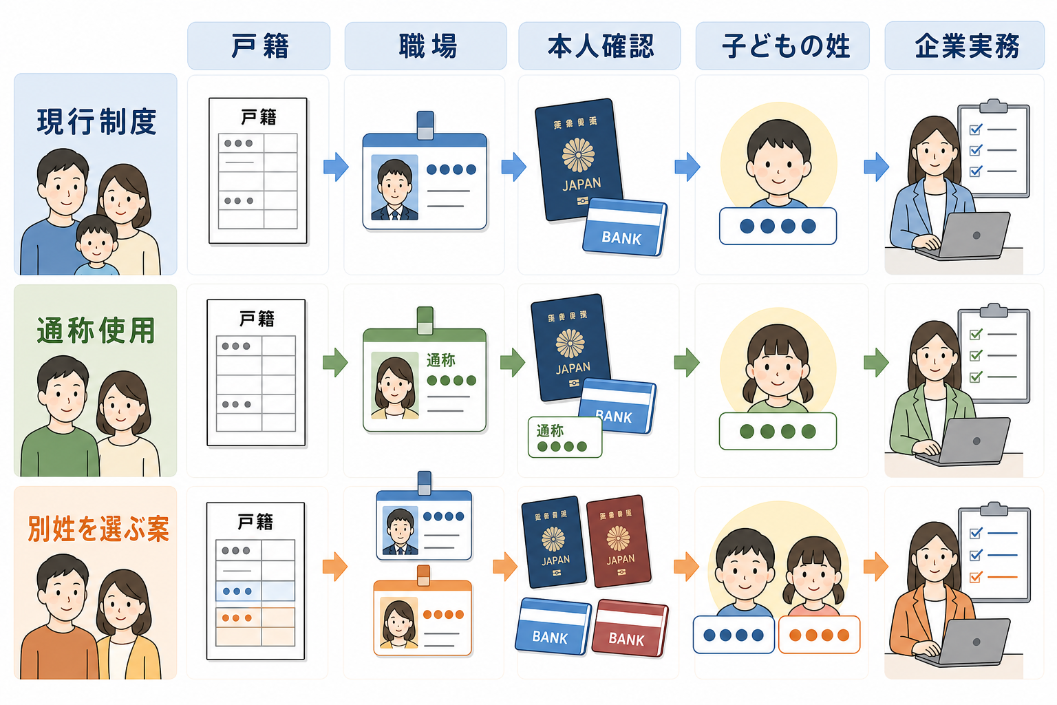 現行制度・通称使用・別姓案を戸籍や職場の手続きで比較する図解