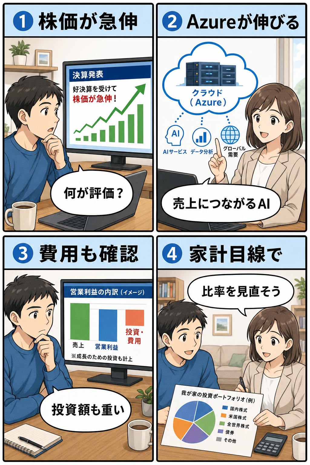 Microsoft決算とAIクラウドを家計目線で確認する4コマ漫画