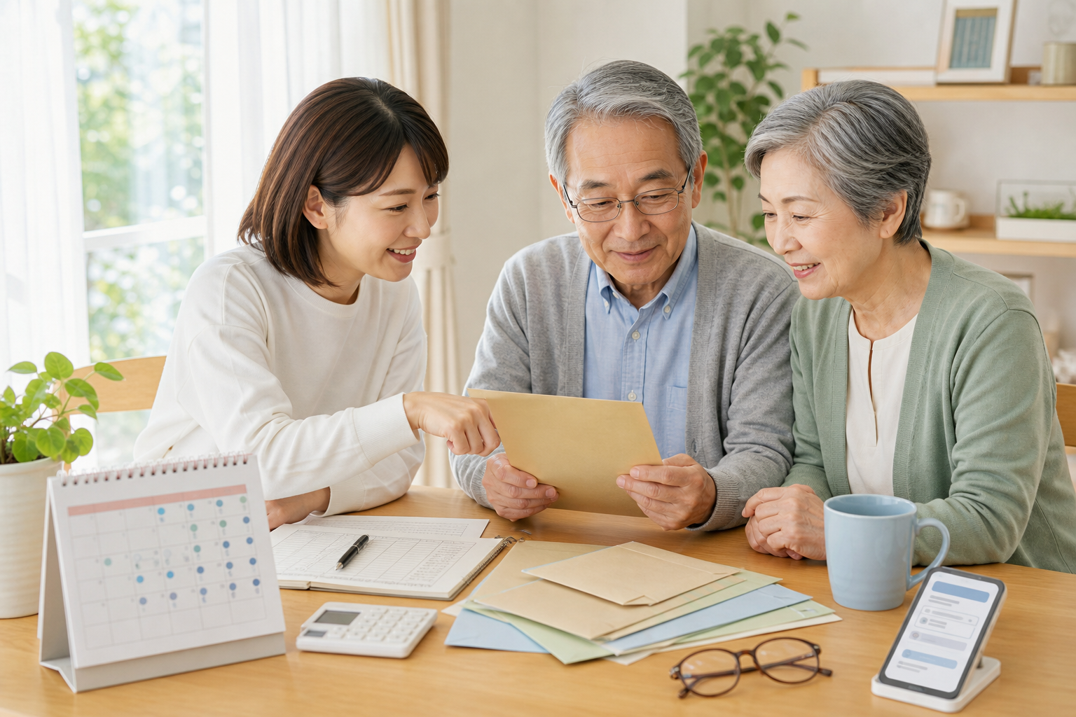 年金生活者支援給付金の通知を家族で確認する高齢夫婦