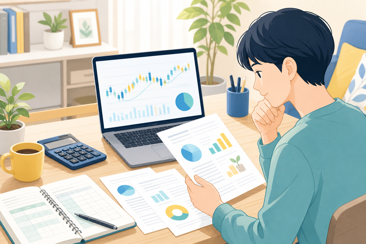 株式分割と配当予想修正を確認する個人投資家の机上