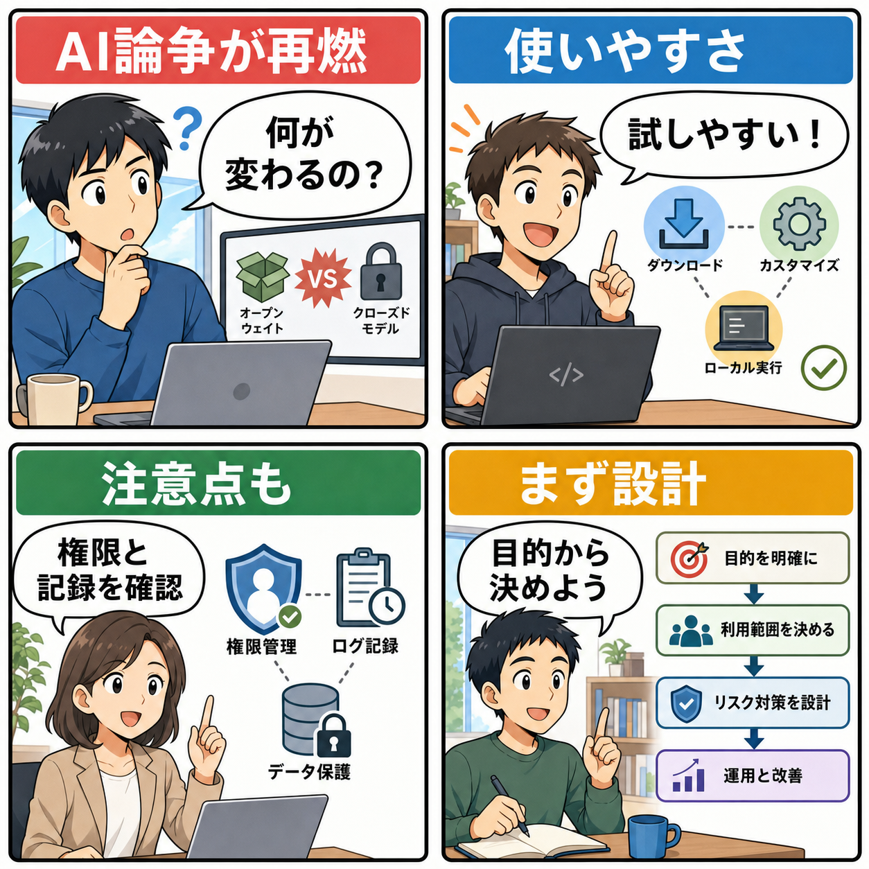 開放型AIの利点と注意点を説明する4コマ