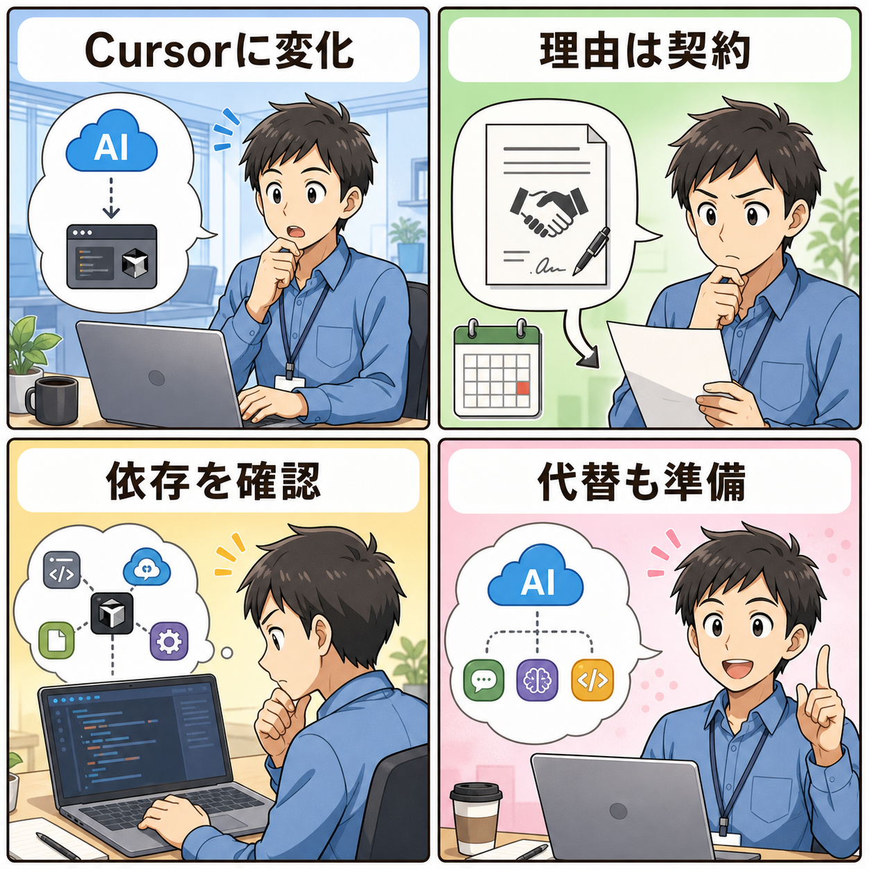 CursorのAIモデル提供変更を4コマで説明する画像