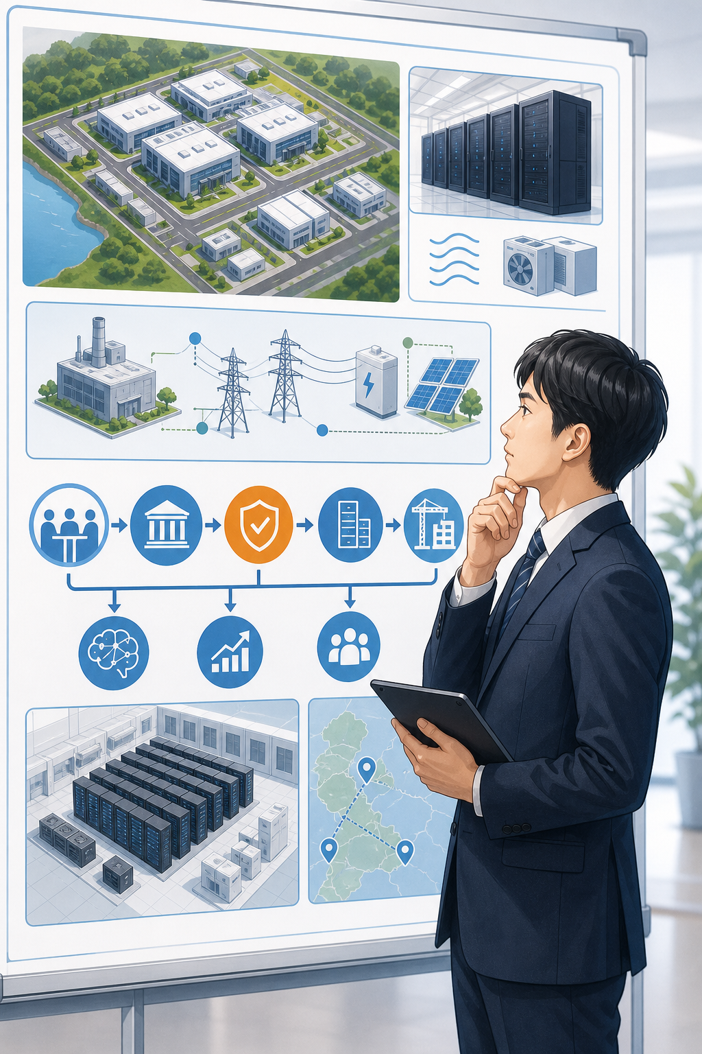 オハイオ州の巨大AIデータセンター計画を前に、資金と設備の流れを確認するビジネスパーソン