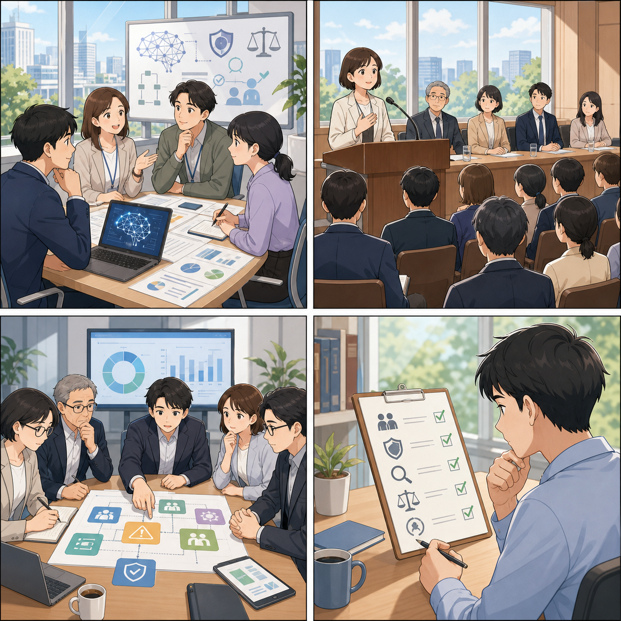 AI政策と安全監査の流れを示す4コマ