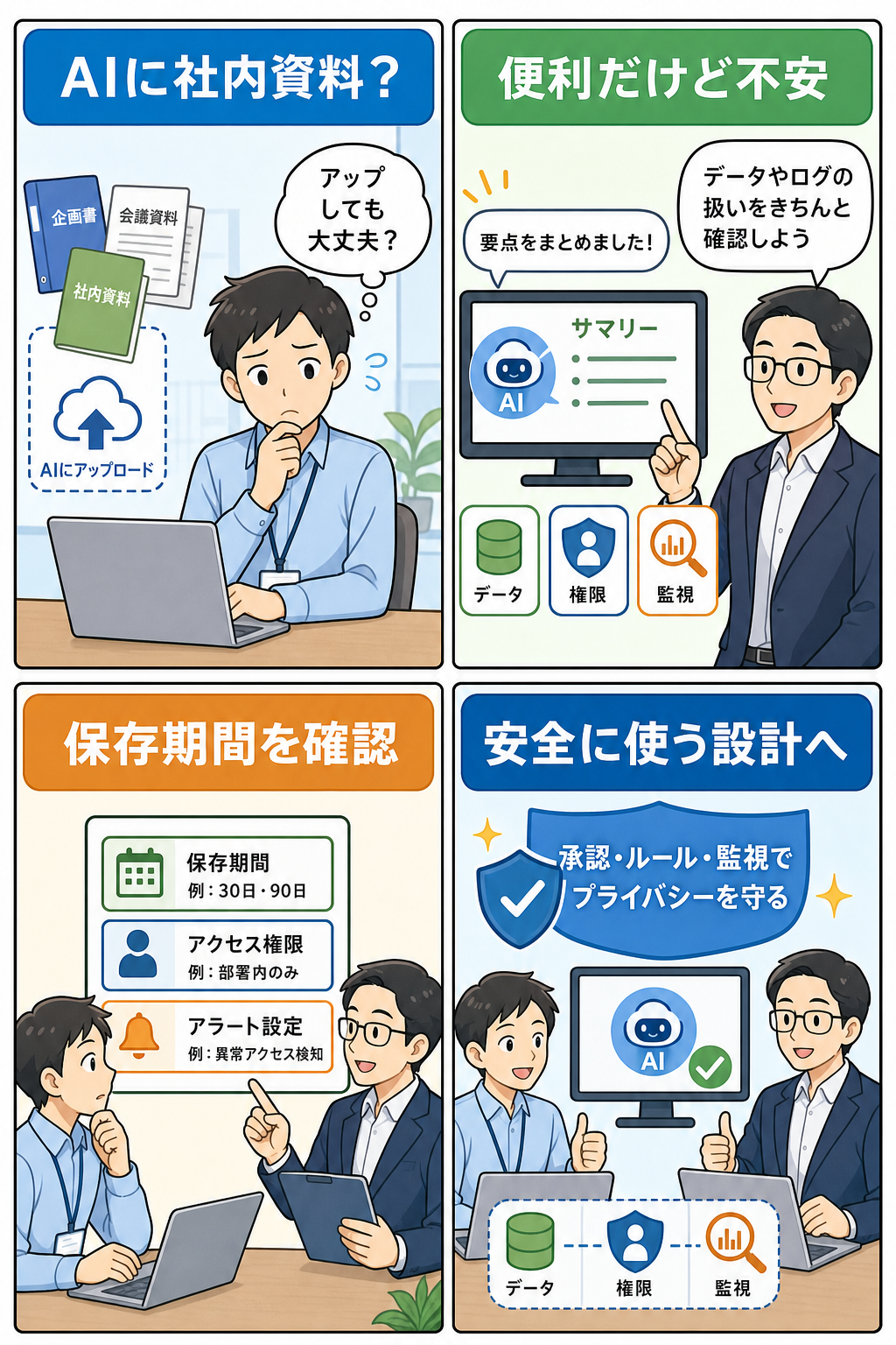 企業がAI利用時にデータ保持、権限、安全監視を確認する4コマ漫画