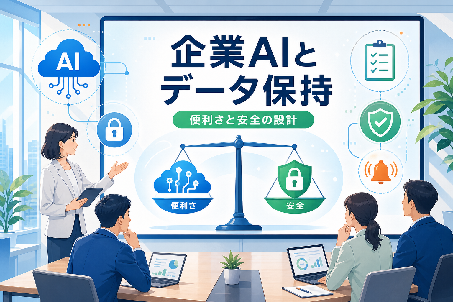 企業AIとデータ保持の便利さと安全を比較する会議画面