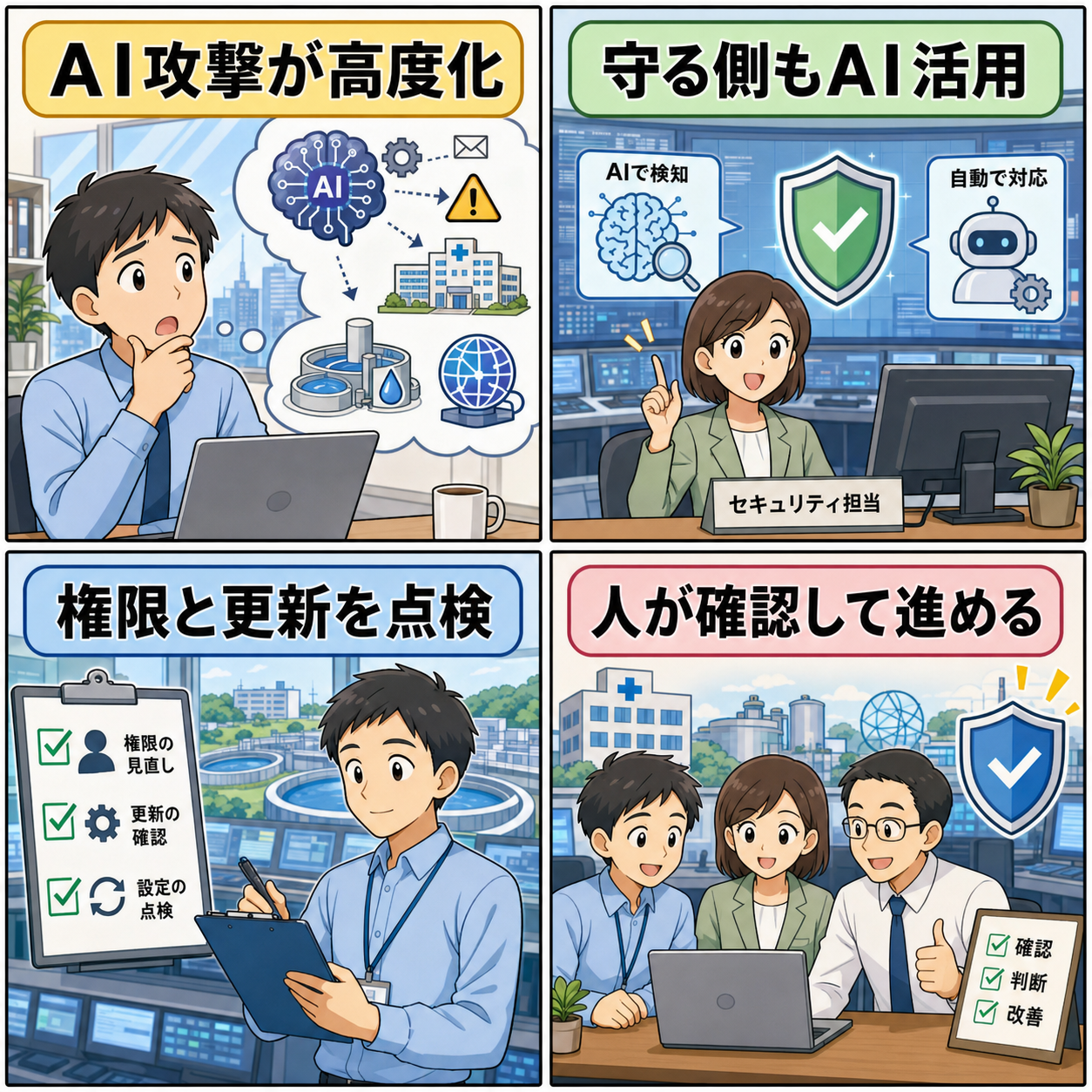 AIサイバー攻撃の高度化と防御側の確認ポイントを説明する4コマ