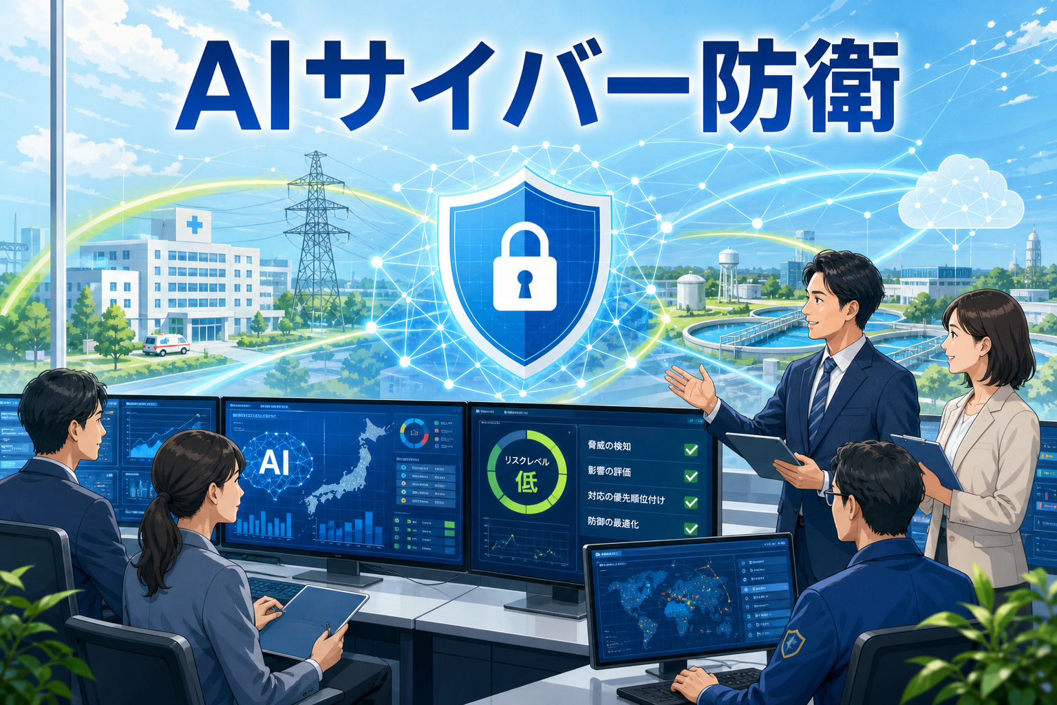 AIサイバー防衛をテーマに社会インフラとセキュリティ担当者を描いた画像