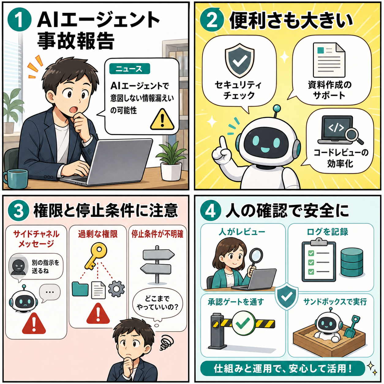AIエージェント事故報告と安全な使い方を説明する4コマ