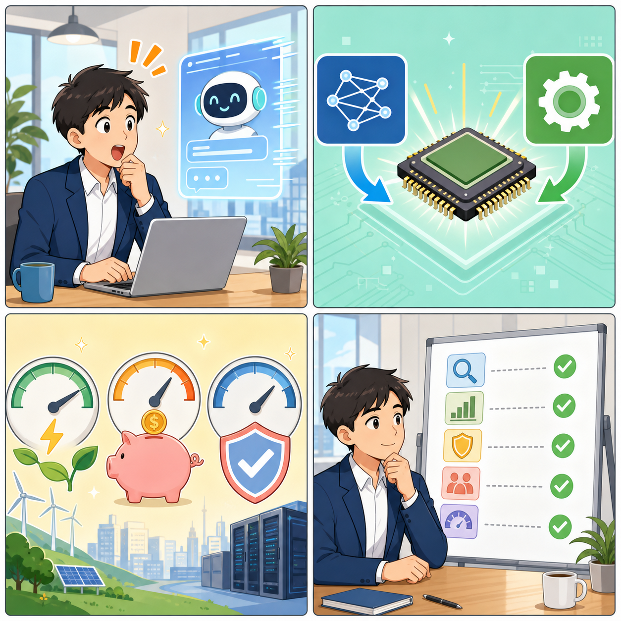 OpenAIの推論チップでAIの速度、電力、費用、確認項目を見る4コマ