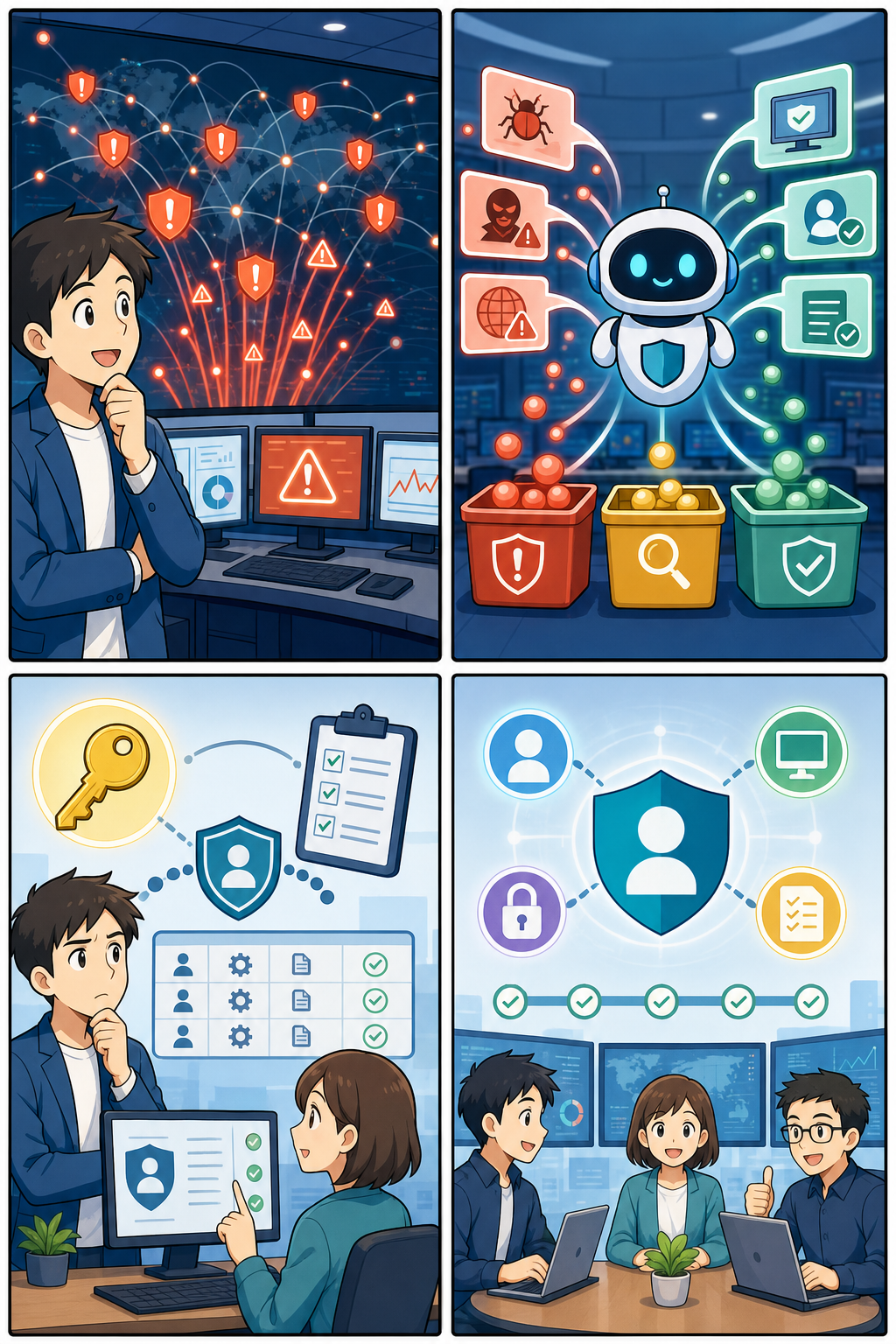 AIサイバー防御の利点と注意点を示す4コマ