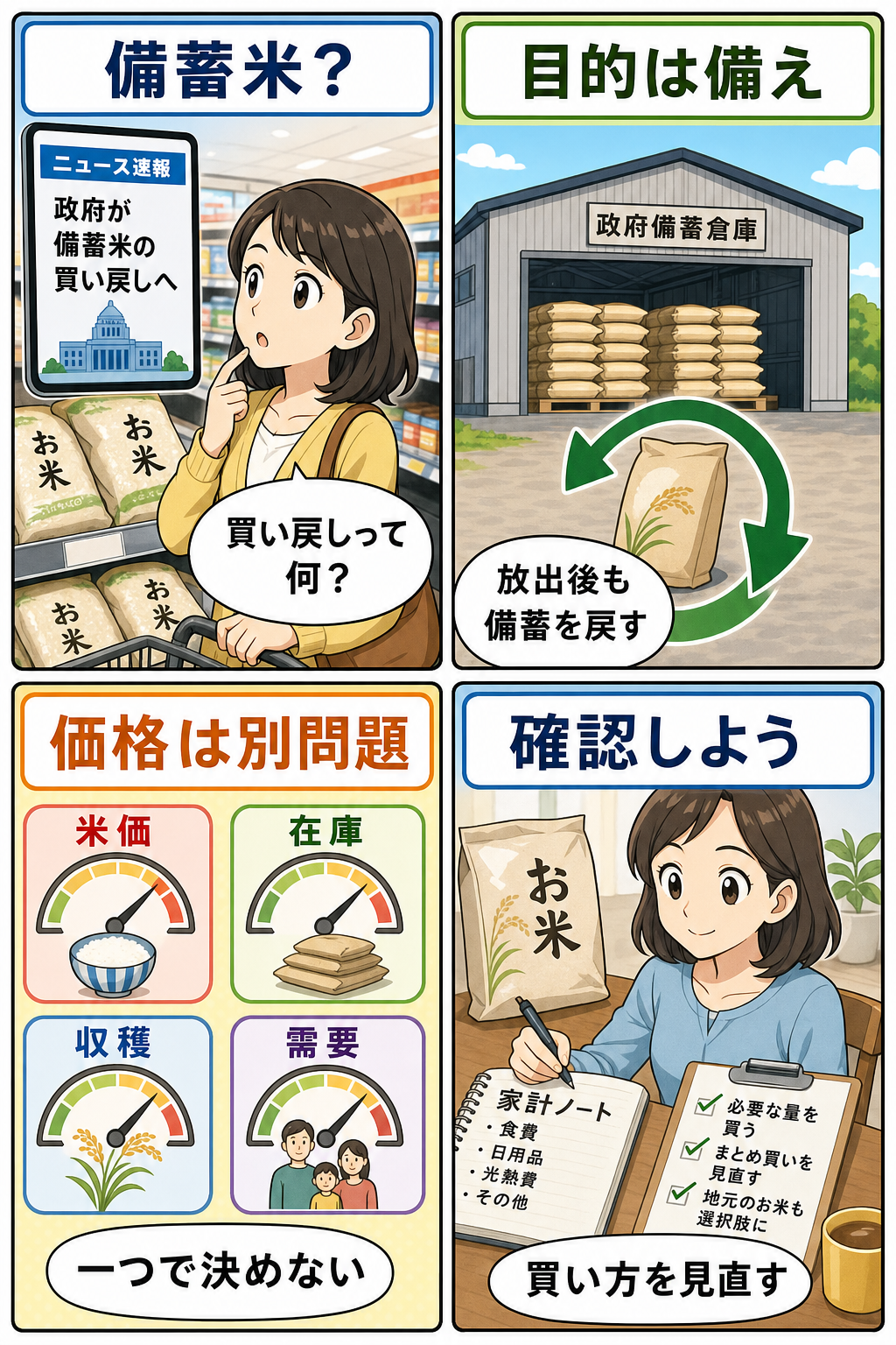 備蓄米買い戻しと米価を家計目線で説明する4コマ漫画