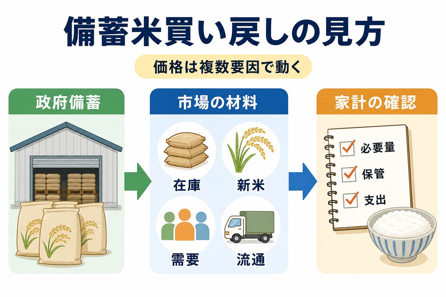 備蓄米買い戻しと家計確認の流れを示す図解