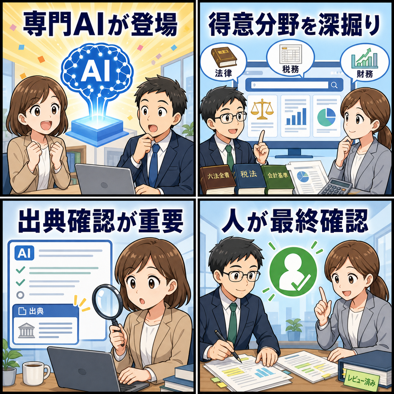 専門職AIの利点と出典確認を説明する4コマ