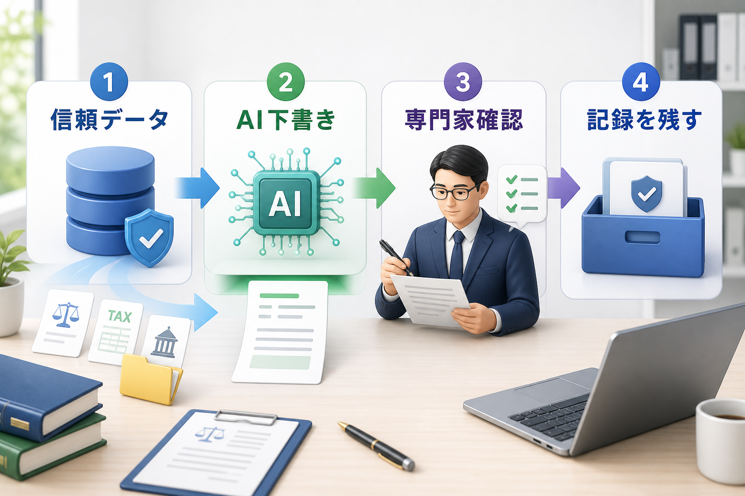 専門データからAI下書きと専門家確認へ進む業務フロー