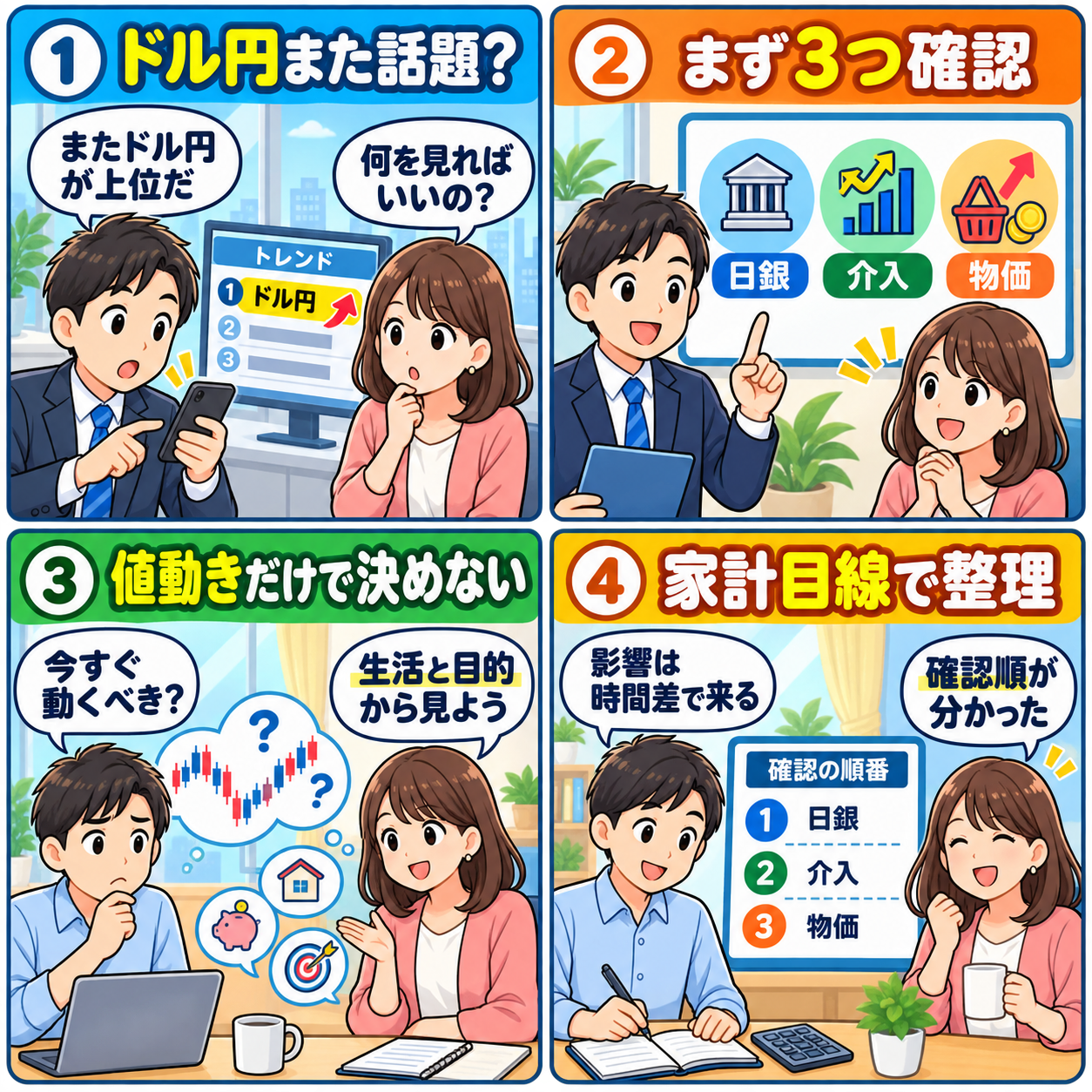 ドル円が話題の日に確認したい順番を示す4コマ漫画