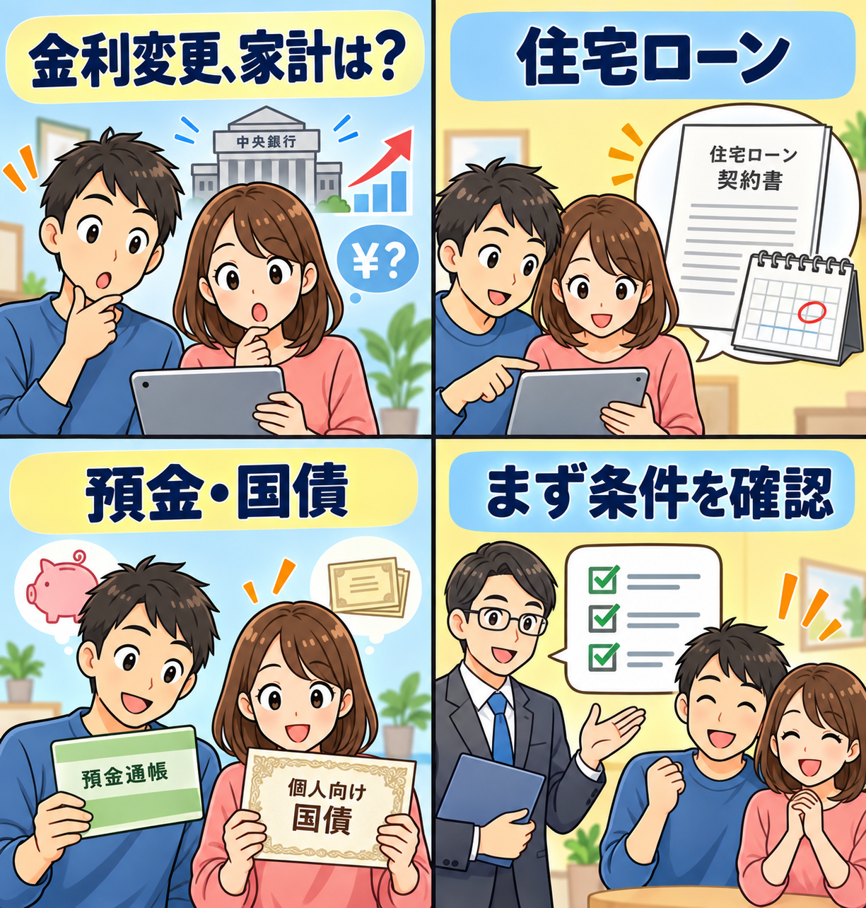 住宅ローン・預金・国債の確認ポイントを示す4コマ漫画