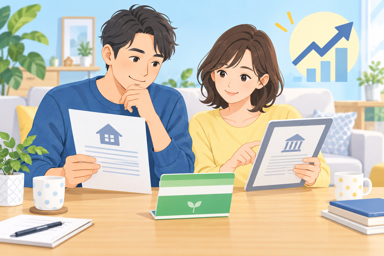 住宅ローン・預金・国債の書類を確認する夫婦のイラスト