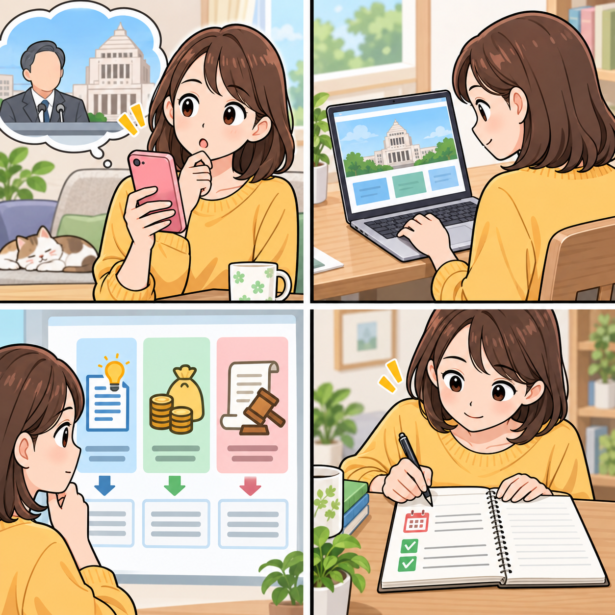 政策ニュースを確認する4コマ漫画