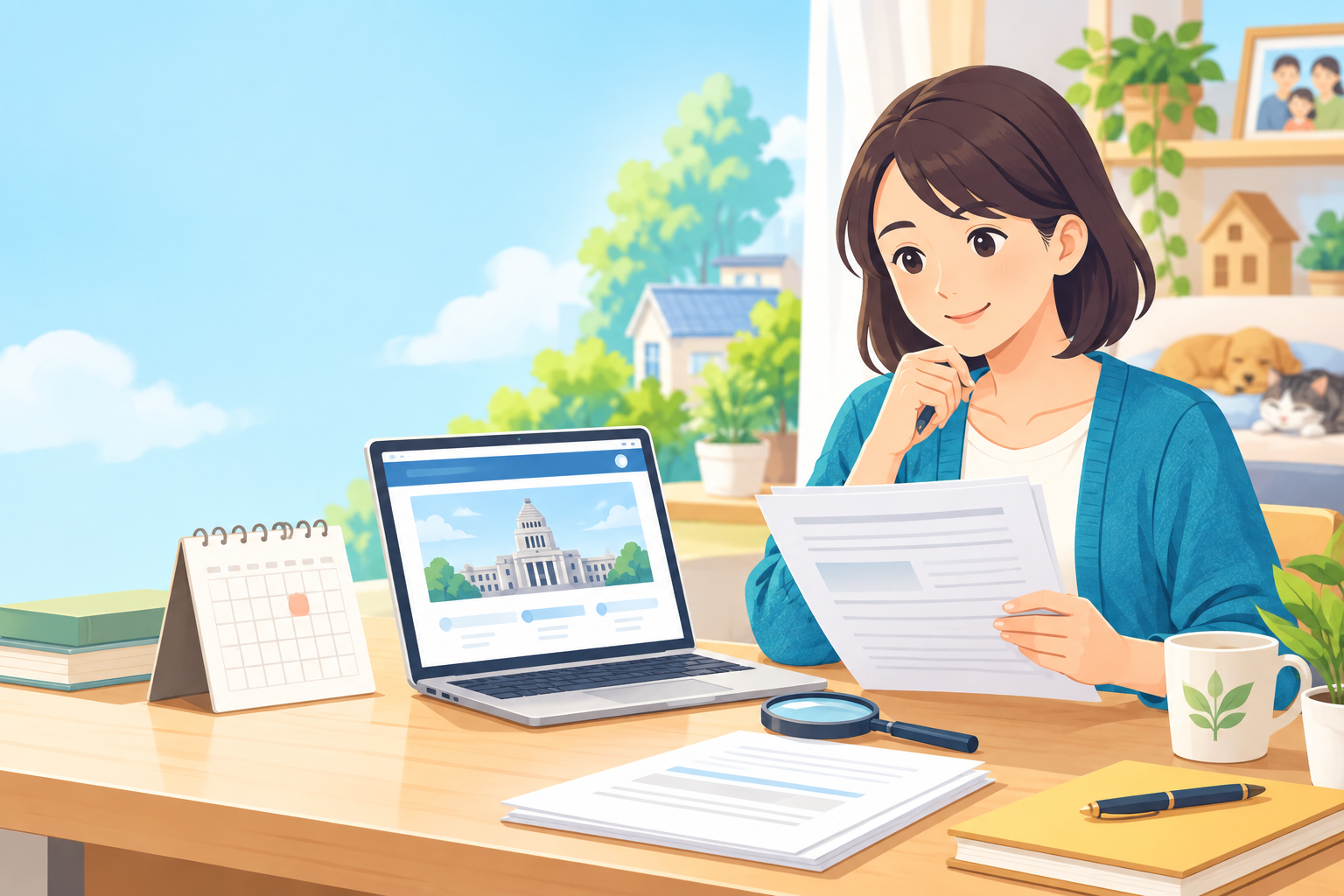 政策の公式情報を確認する家庭の机