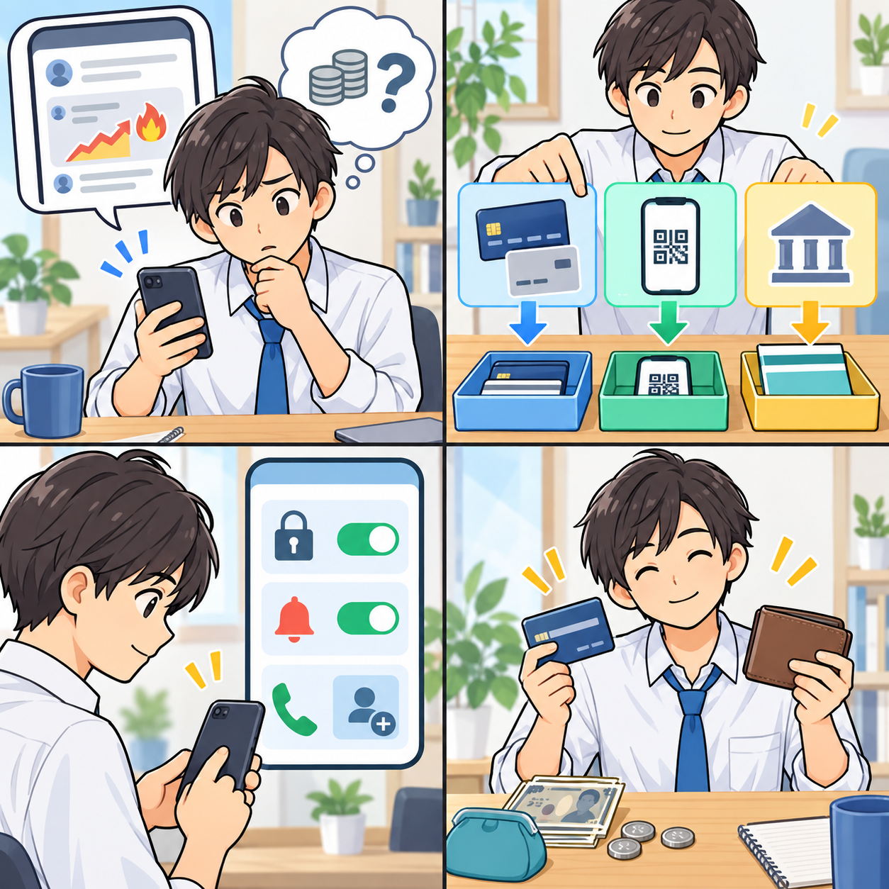 スマホ決済の安全確認を4コマで示すイラスト