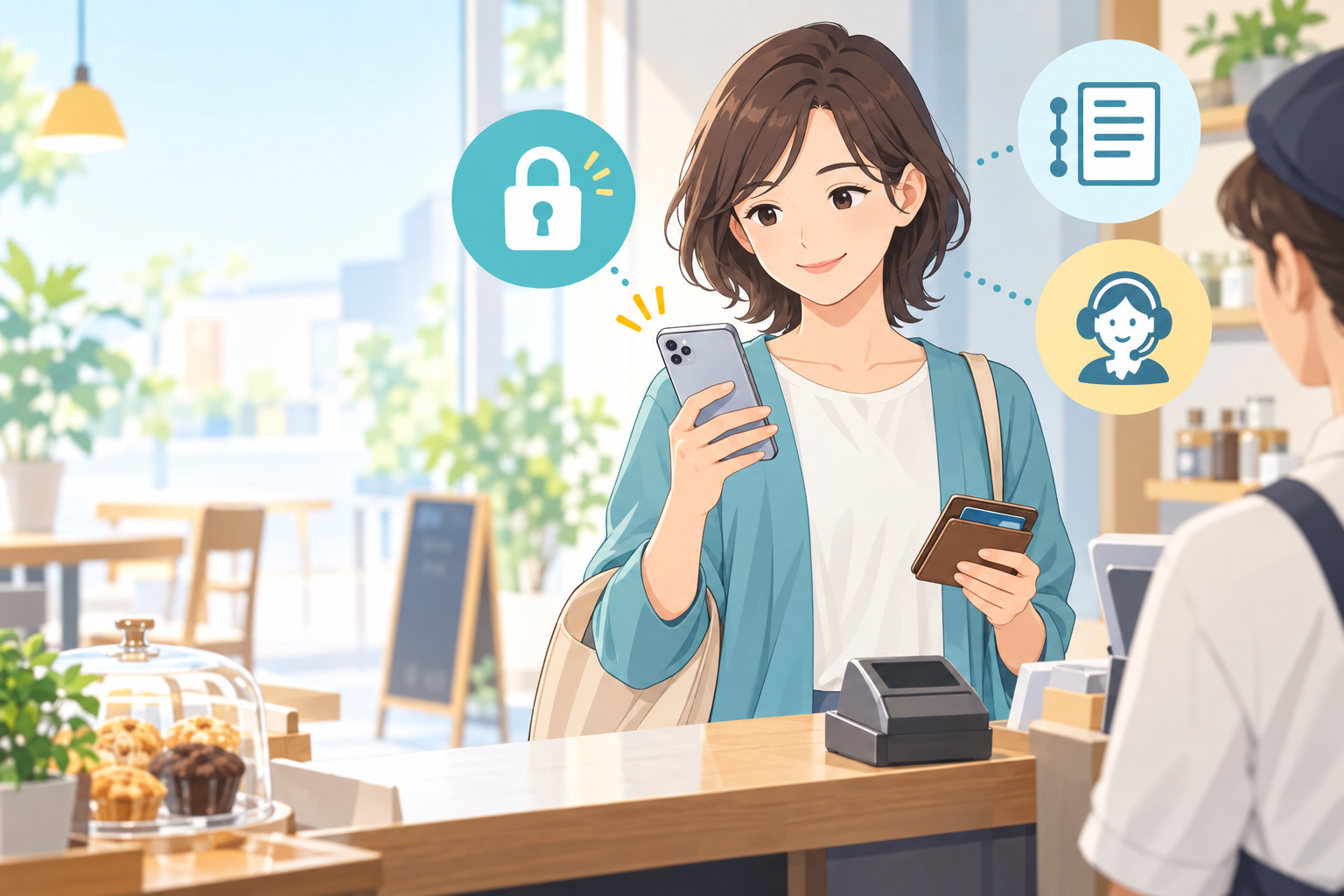 スマホ決済を確認する女性と安全確認のアイコン