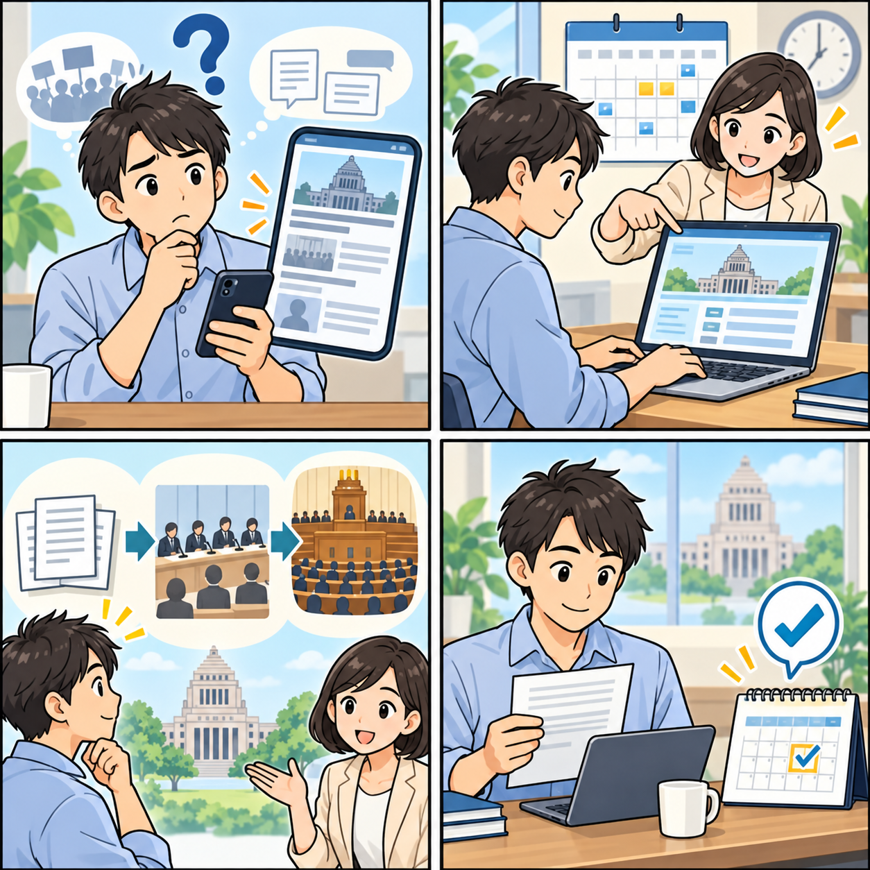 臨時国会の公式情報を確認する4コマ漫画