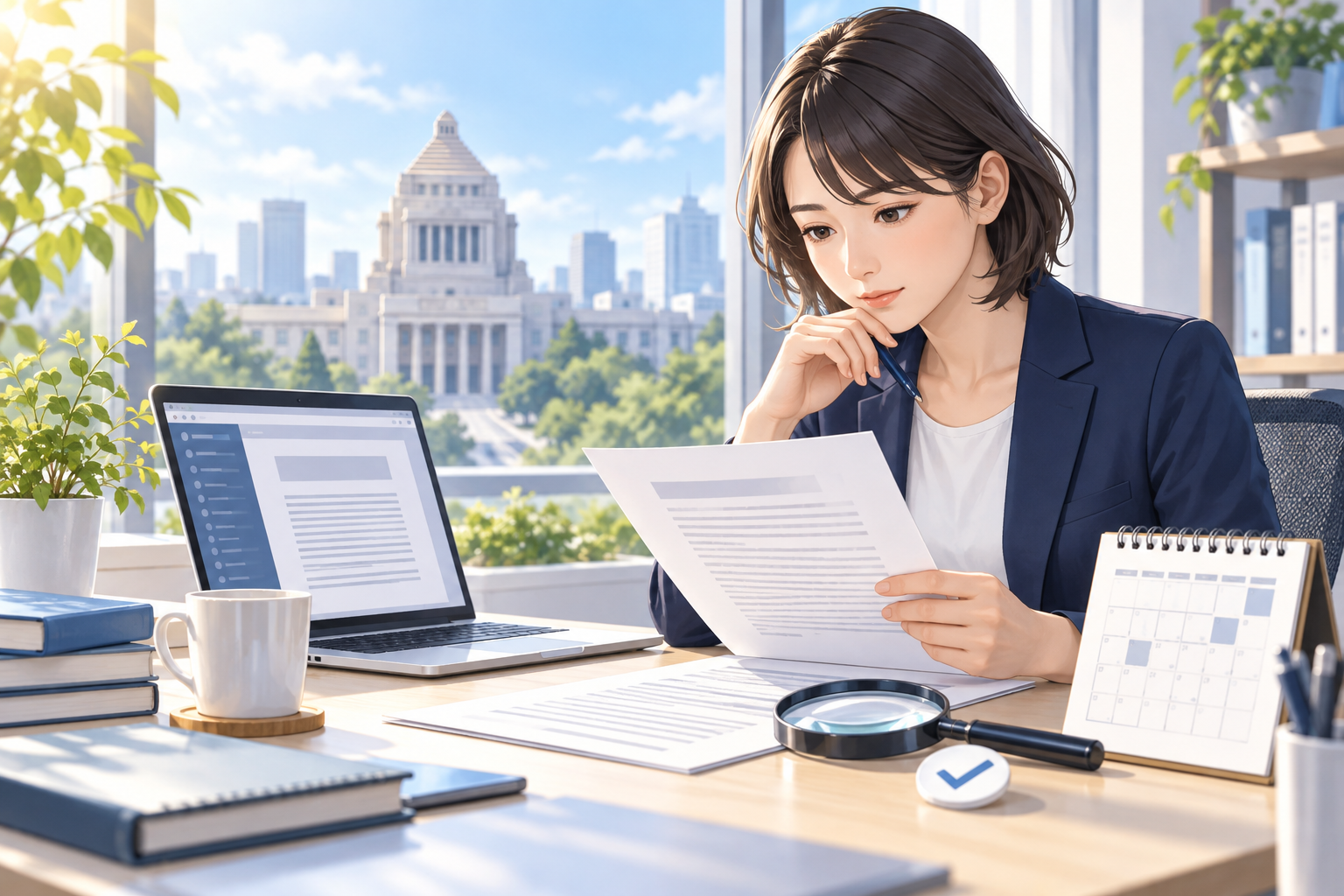 国会議事堂を背景に公式資料を確認する女性