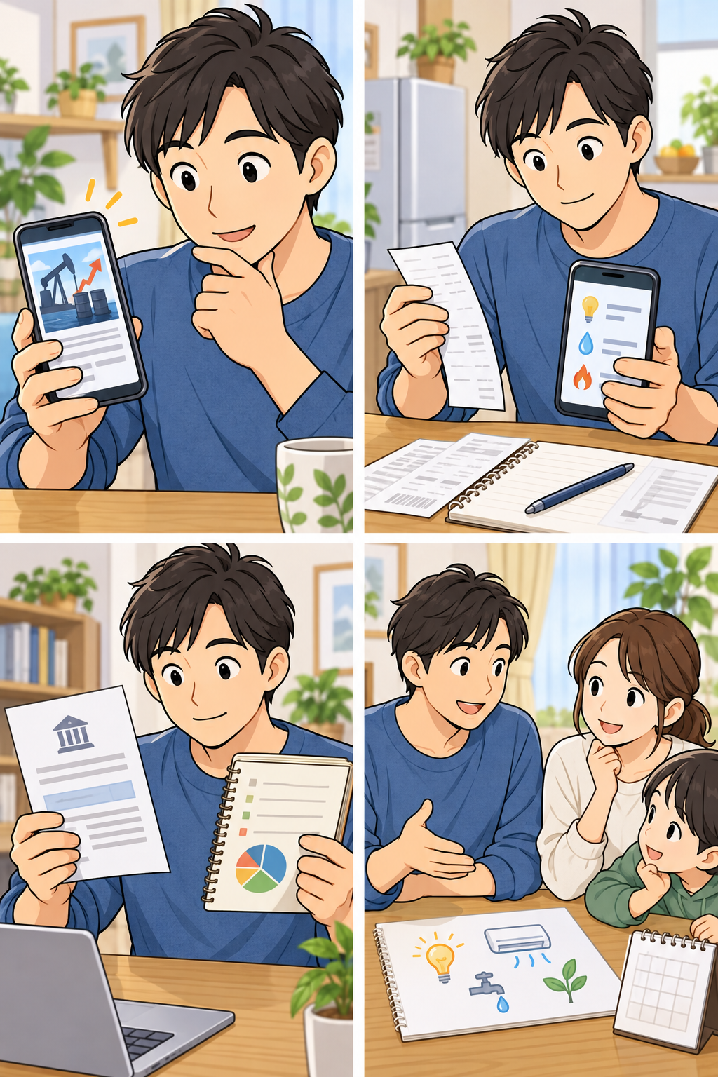 原油高のニュースを見て家計の確認を進める四コマ漫画