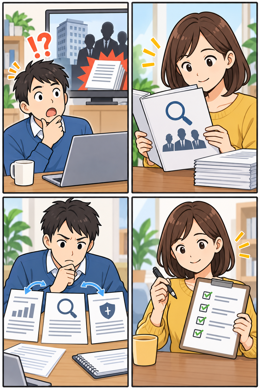 会計不正の情報を確認する流れを描いた4コマ漫画