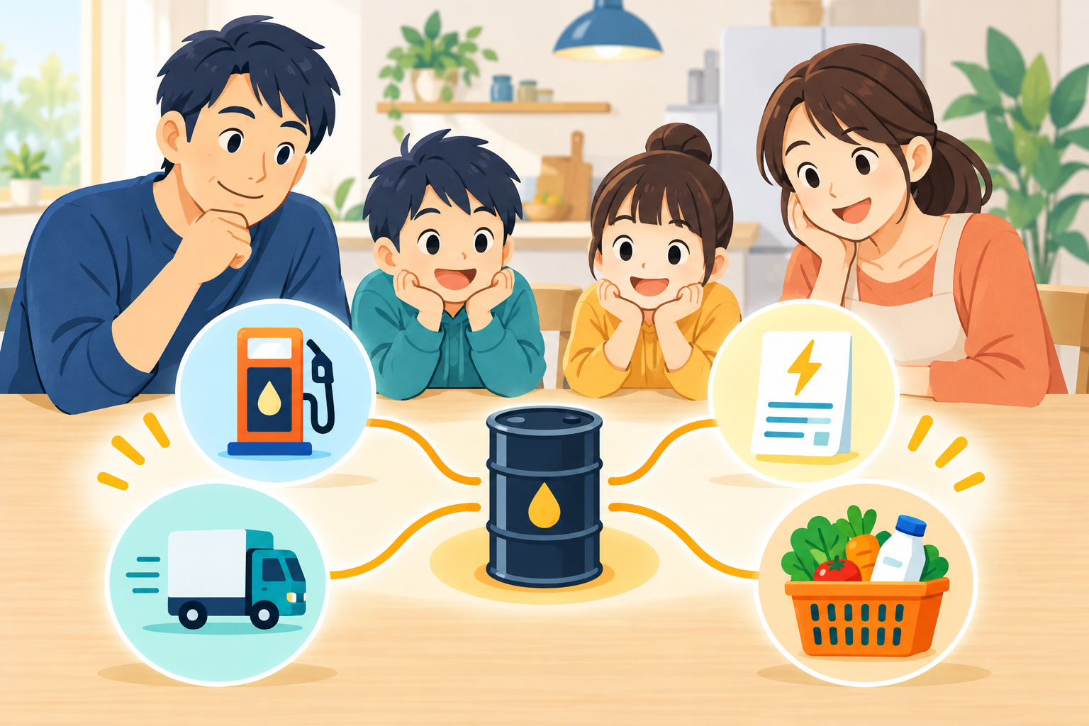 原油高とガソリン 電気 物流 食料の関係を示すイラスト