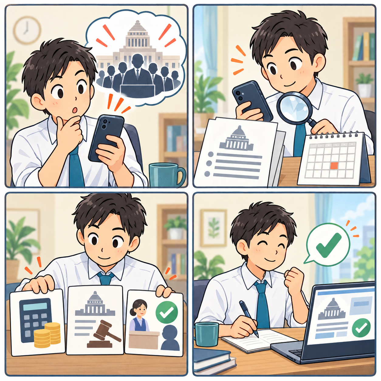 内閣改造の報道を見て公式情報を確認する流れを描いた四コマ漫画