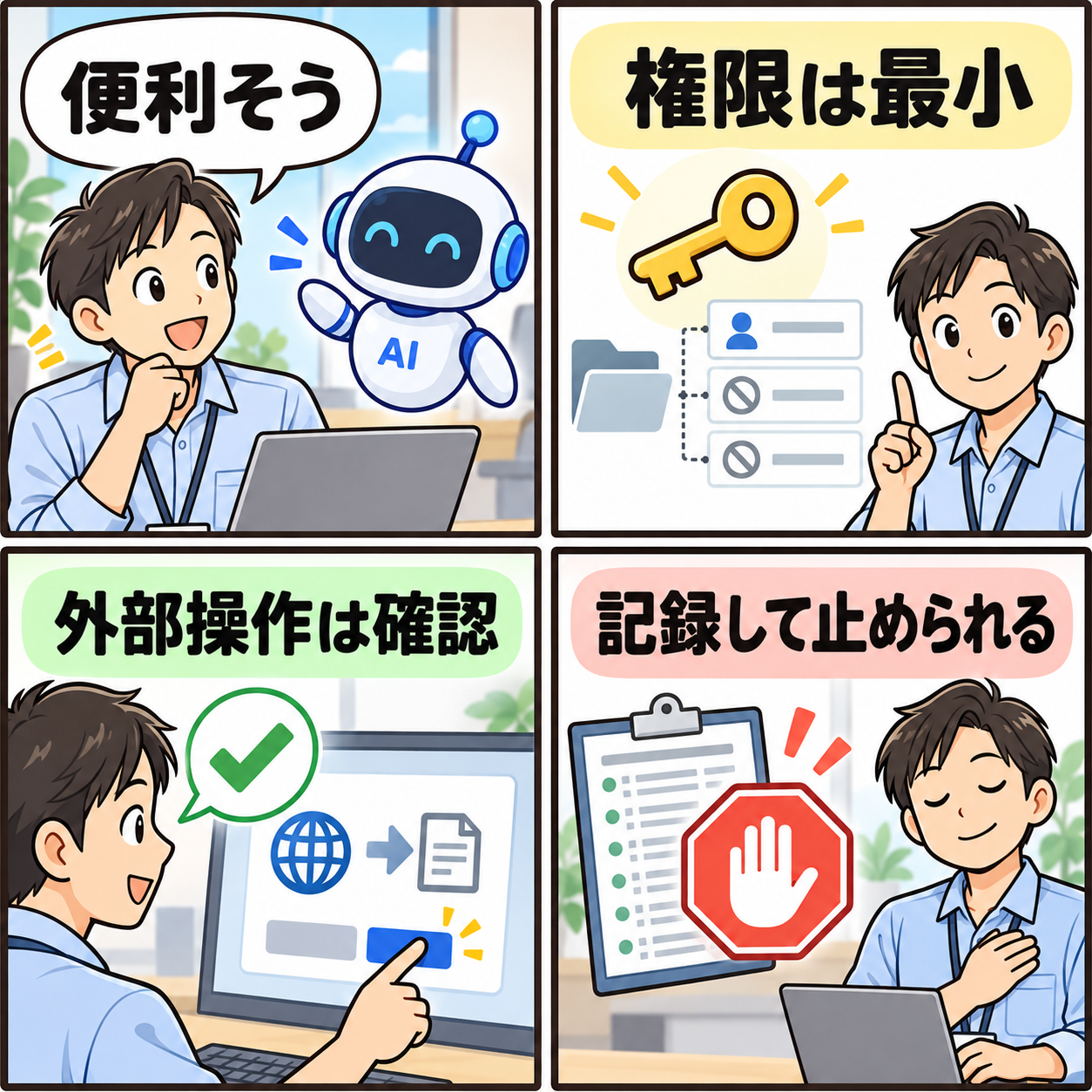 最小権限、承認、記録、停止を確認する会社員の4コマ漫画