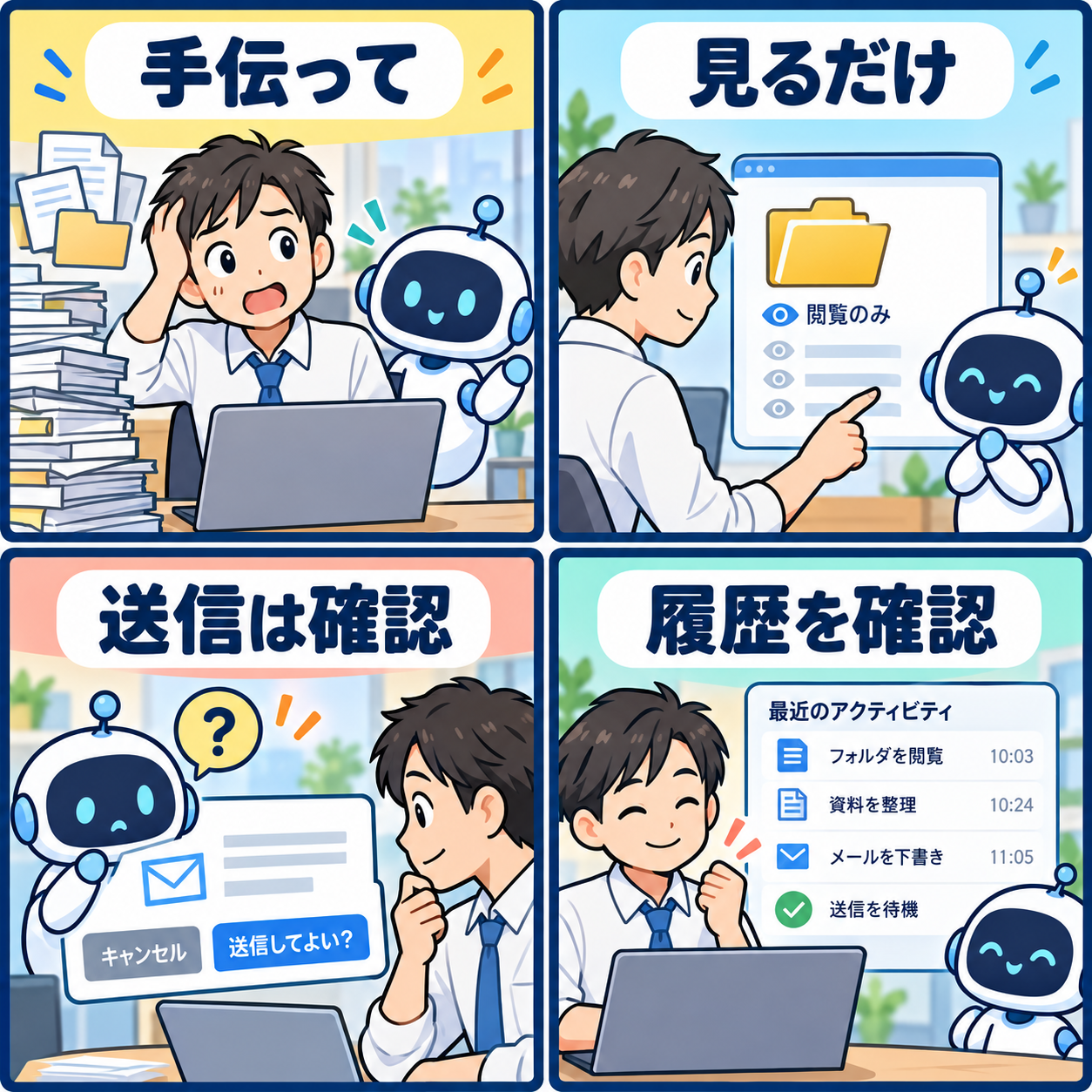 AIエージェントの権限管理を示す4コマ漫画