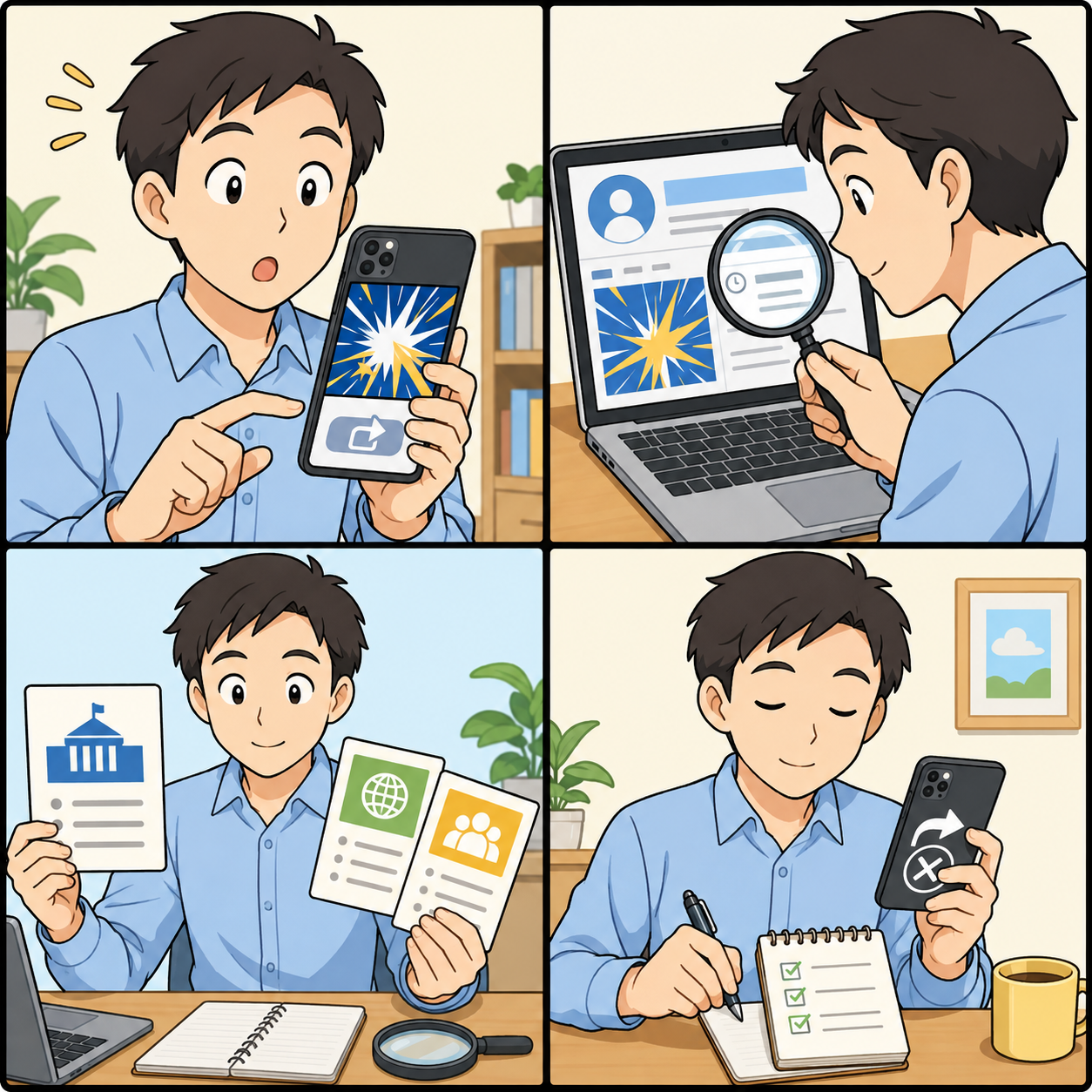 SNS画像を拡散前に確認する手順を伝える4コマ漫画