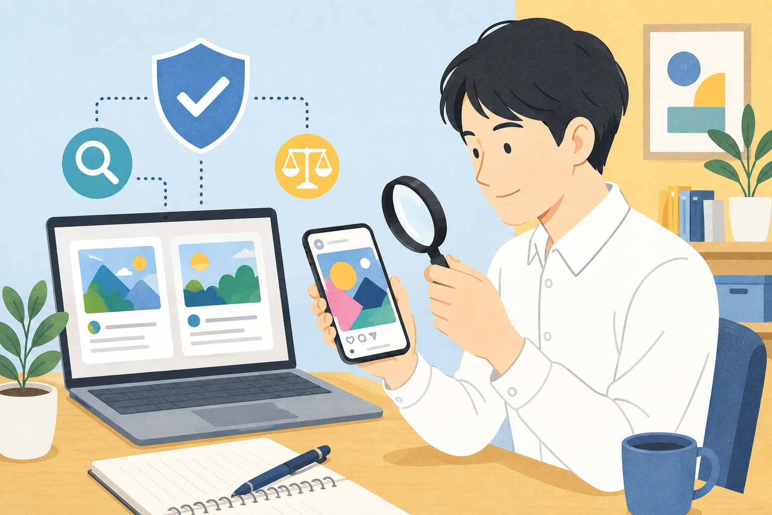 スマートフォンの画像を複数の情報源と照合する人物