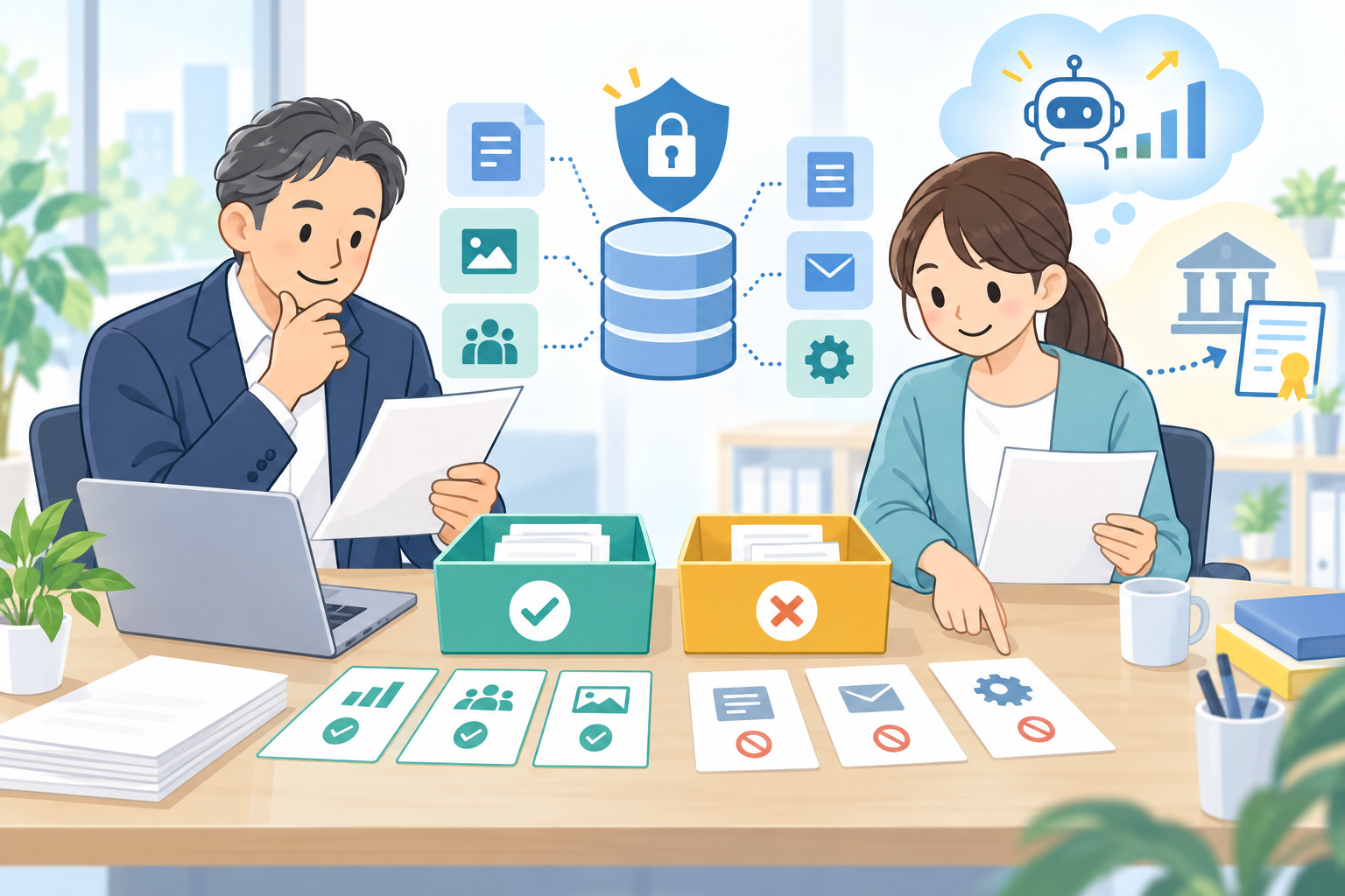 AI導入前にデータを仕分ける中小企業の担当者