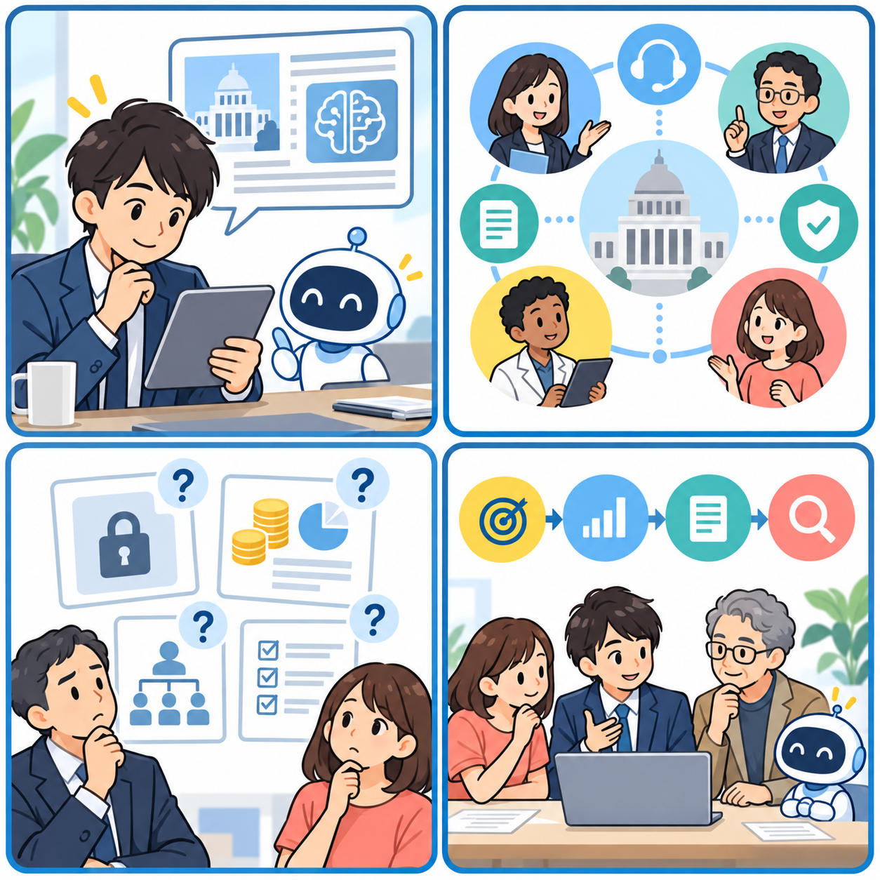 AI新組織の構想を市民と担当者が確認する4コマイラスト