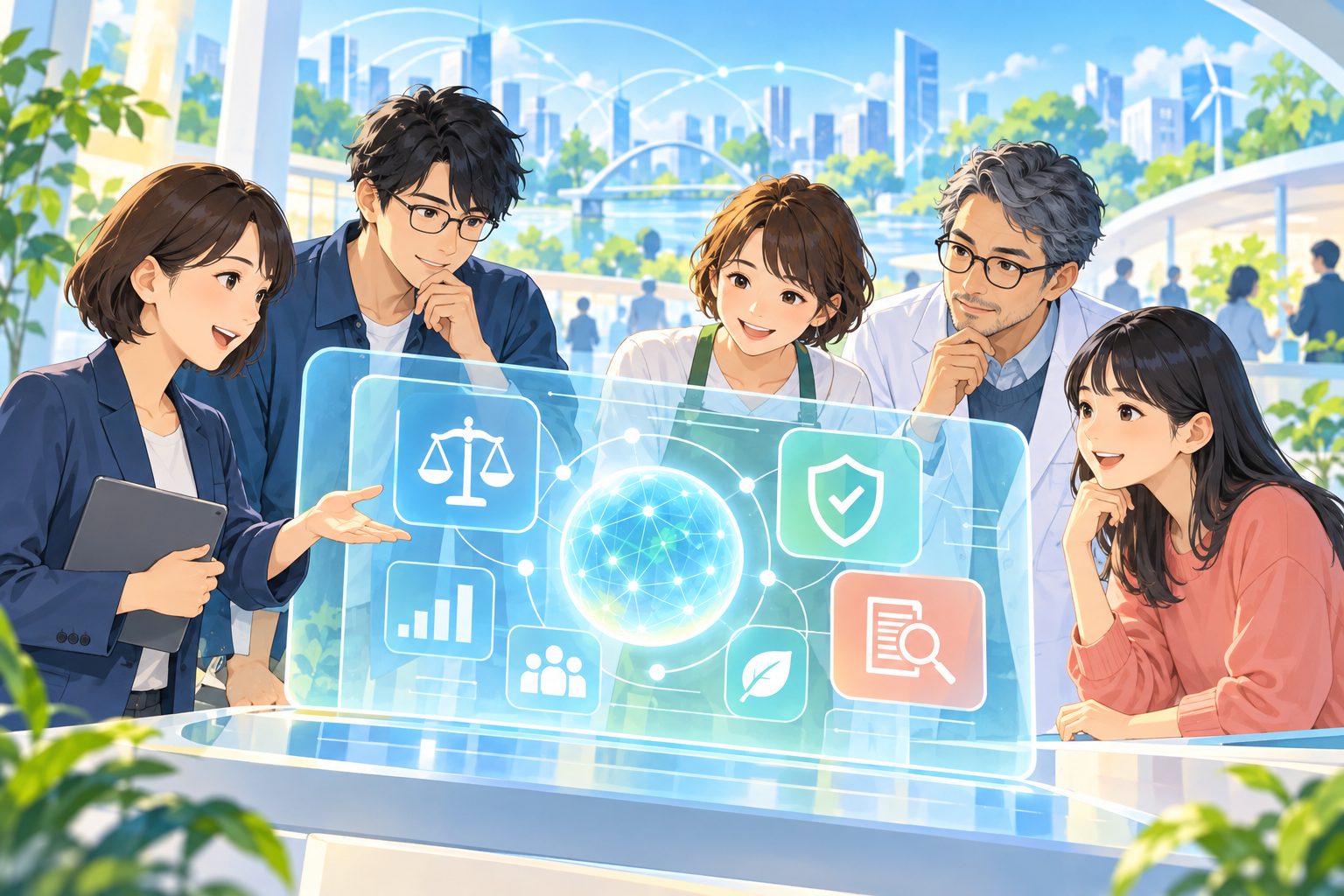 市民と専門家がAIの説明画面を確認するイラスト
