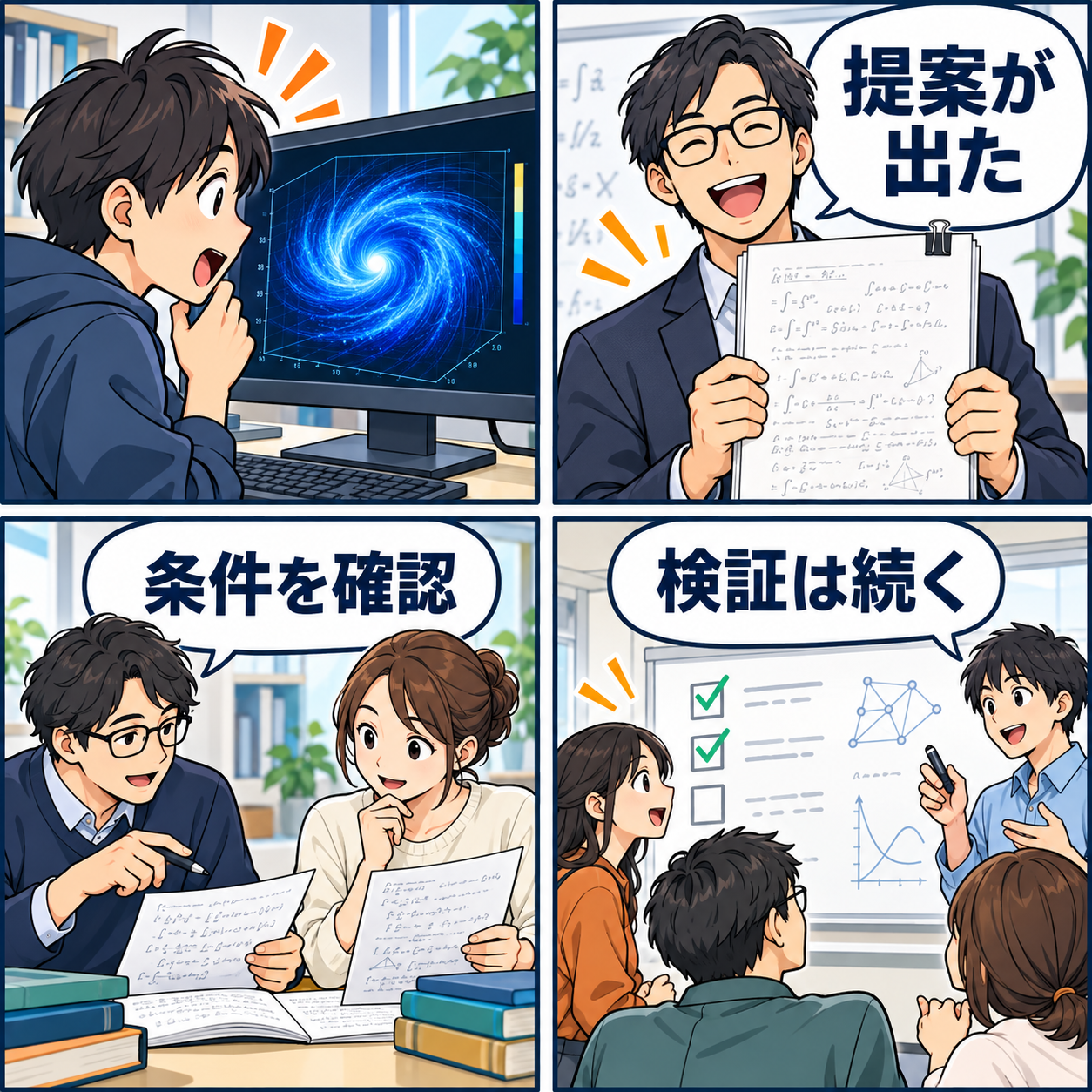 AIの数学提案を複数の研究者が検証する4コマ漫画