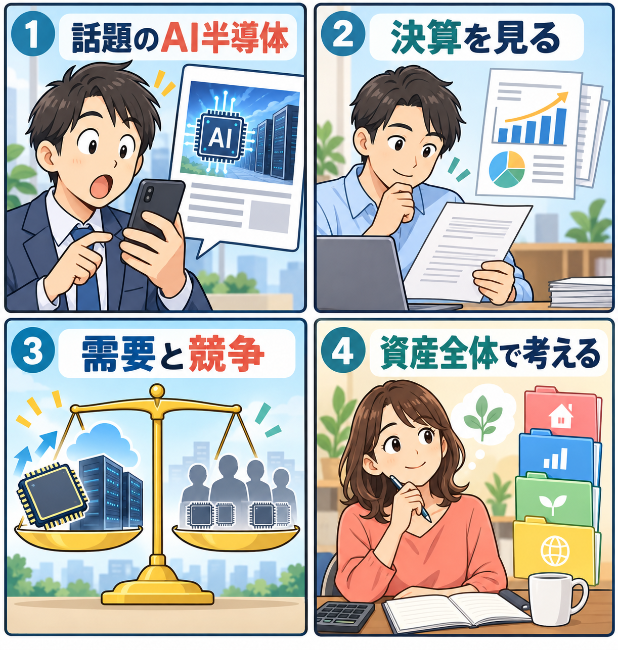 AI半導体株の確認手順4コマ