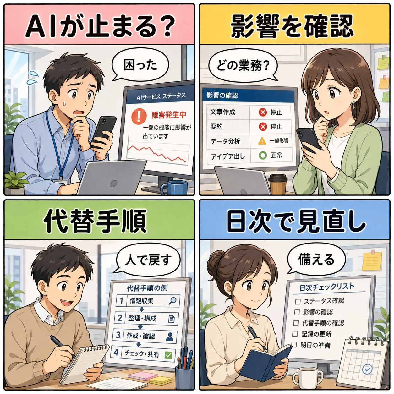 AIサービス障害時の確認手順を描いた4コマ