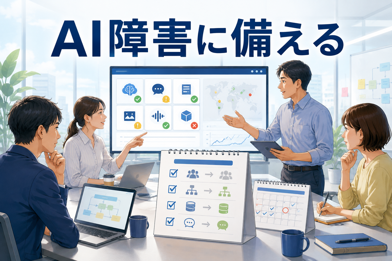 AIサービス障害に備える業務継続会議のイラスト