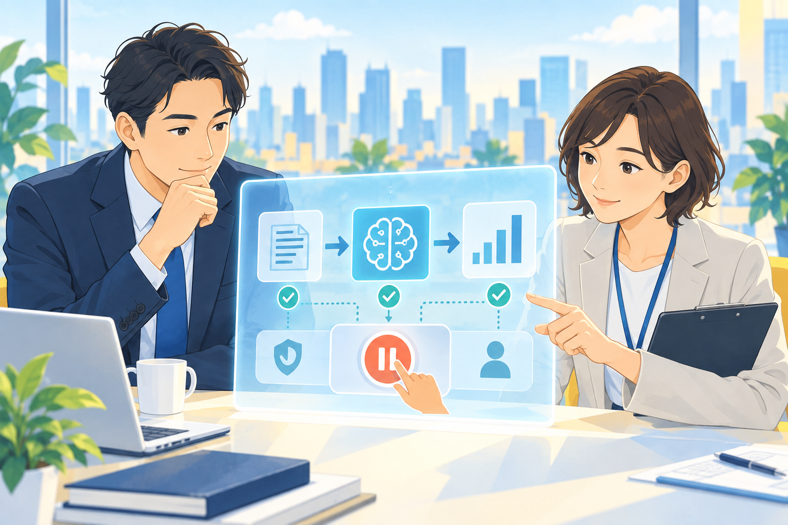 人がAIの検証と停止機能を確認するイメージ